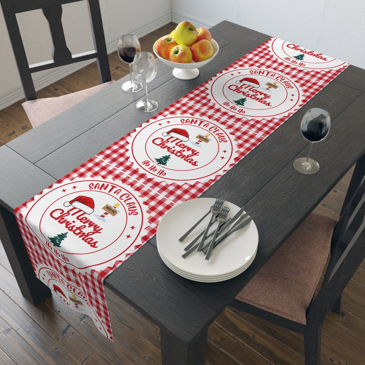 Table Runner, Christmas Decoration Santa Claus Ho Ho Ho, Red White, Cotton Poly, Home Decor, Holiday Table Linen, Festive Dining Accessories by Printify