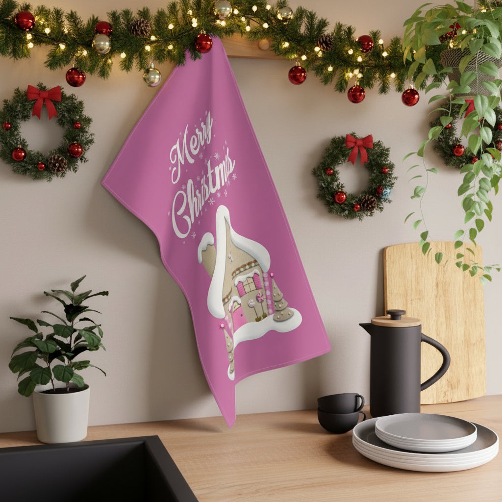 Pink Christmas Tea Towel — Festive Holiday Kitchen Decor & Hostess Gift by Printify