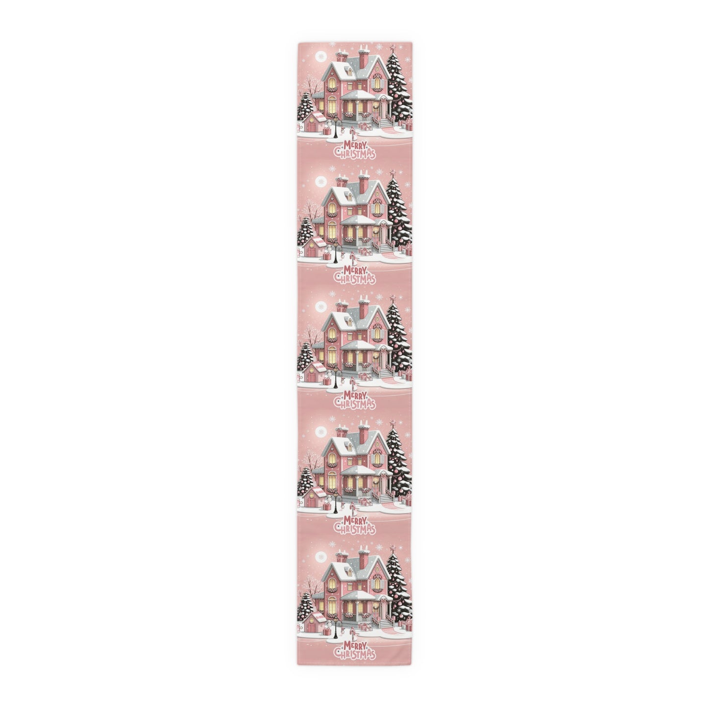 Christmas House Table Runner - Festive Holiday Decor Pink Merry Christmas, Dining Room Kitchen Decor, Home Decoration, by Printify