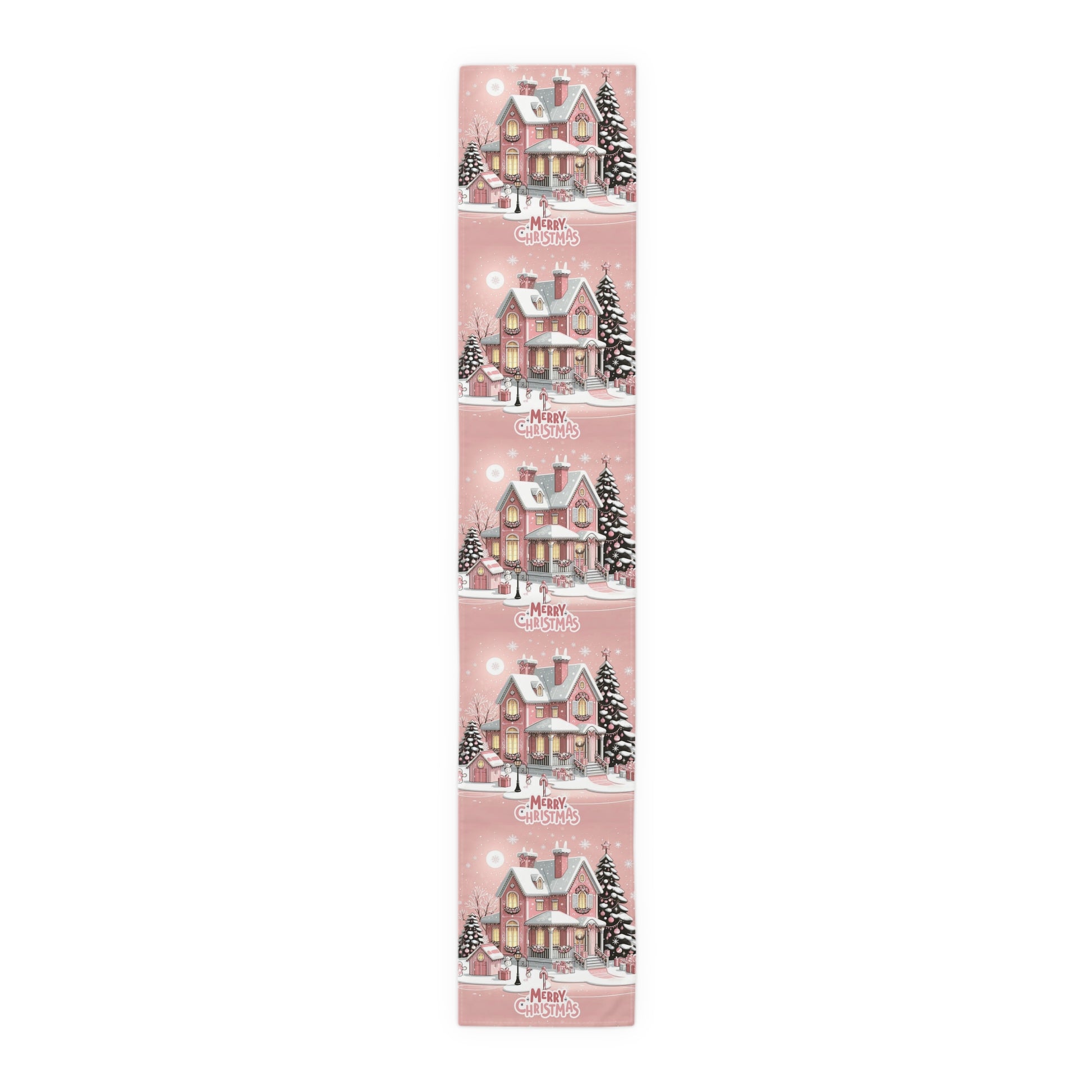 Christmas House Table Runner - Festive Holiday Decor Pink Merry Christmas, Dining Room Kitchen Decor, Home Decoration, by Printify