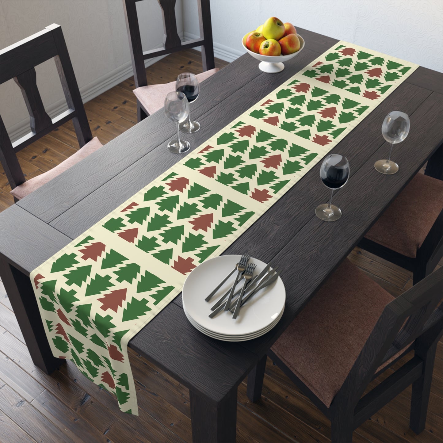 Christmas Trees Red Green Table Runner, Holiday Table Decor, Holiday Dinner Accessories - Cotton, Poly, Festive Table Linens, Christmas Home by Printify