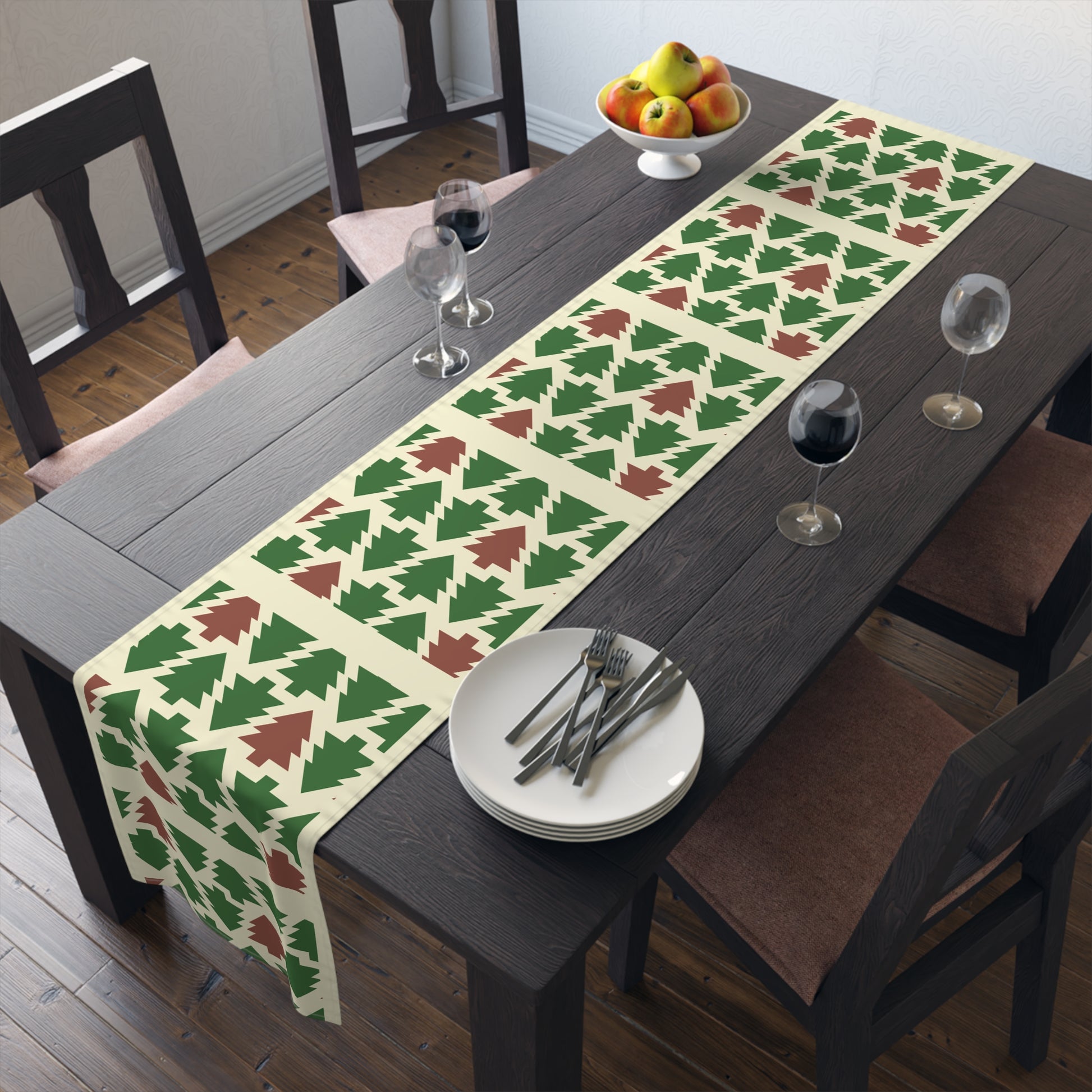 Christmas Trees Red Green Table Runner, Holiday Table Decor, Holiday Dinner Accessories - Cotton, Poly, Festive Table Linens, Christmas Home by Printify
