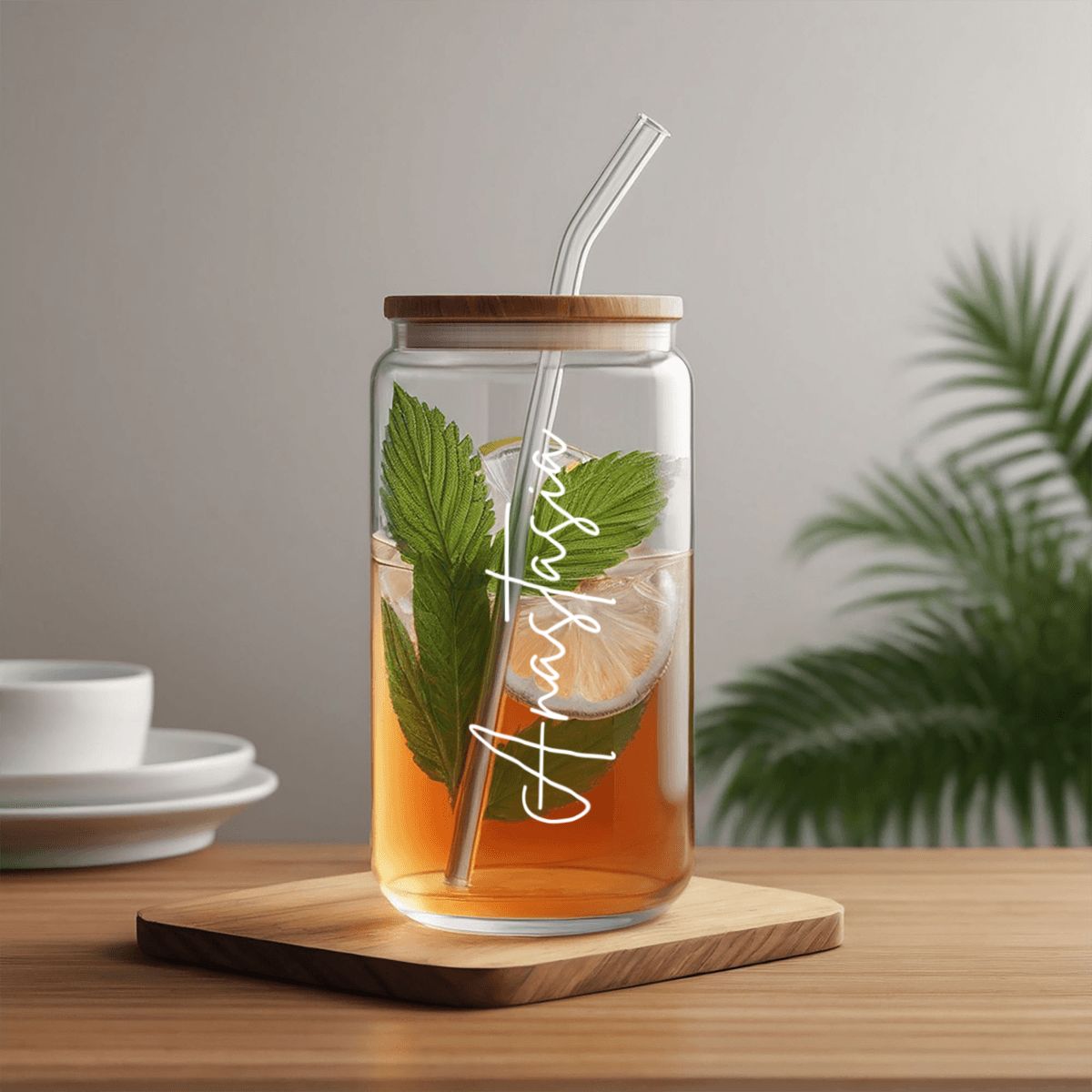 Personalized Glass Tumbler with Straw & Bamboo Lid  (16oz) JewelryLuxeUS.Shop