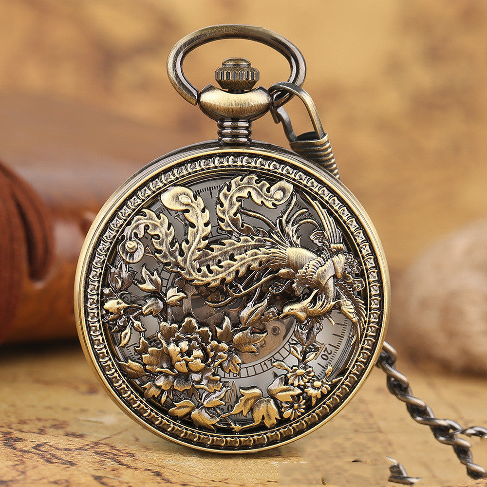 Fashion Hollowed-out Carved Phoenix Pattern Automatic Mechanical Large Pocket Watch by teelaunch
