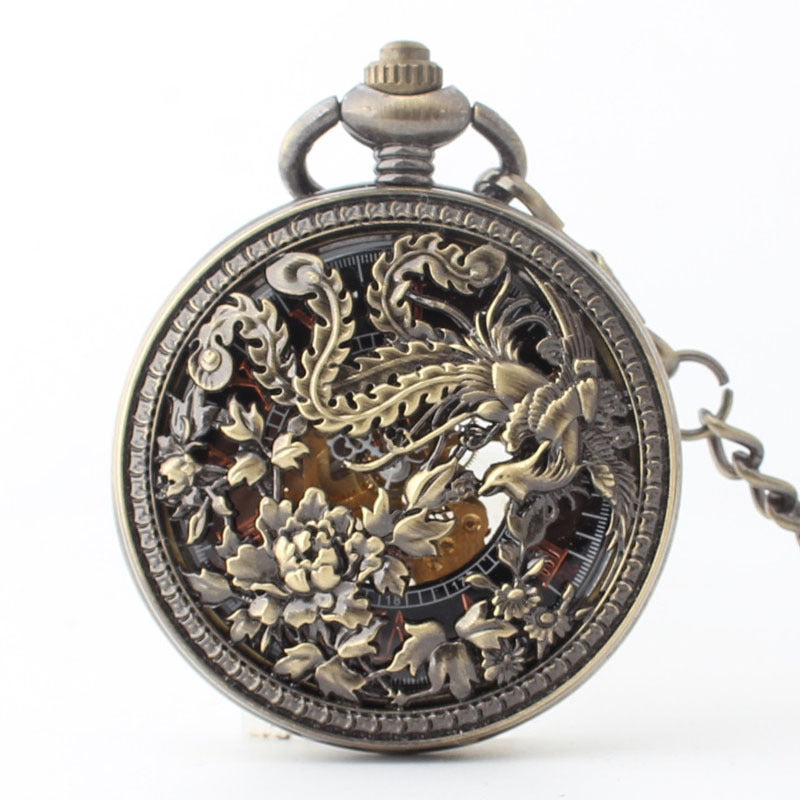 Fashion Hollowed-out Carved Phoenix Pattern Automatic Mechanical Large Pocket Watch by teelaunch