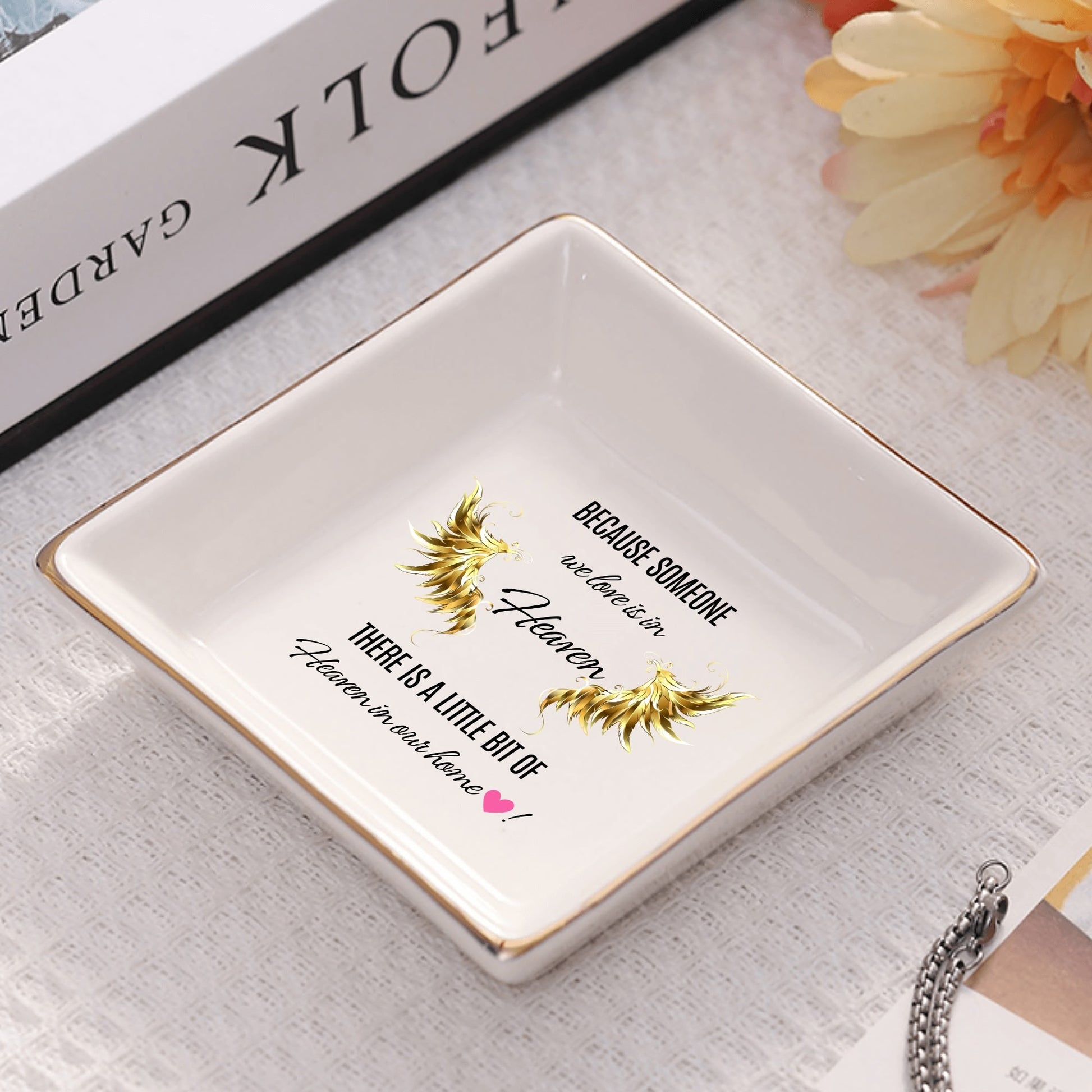 Personalized Memorial Ceramic Square Plate – “Because Someone We Love Is in Heaven” Tribute Decor by popcustoms