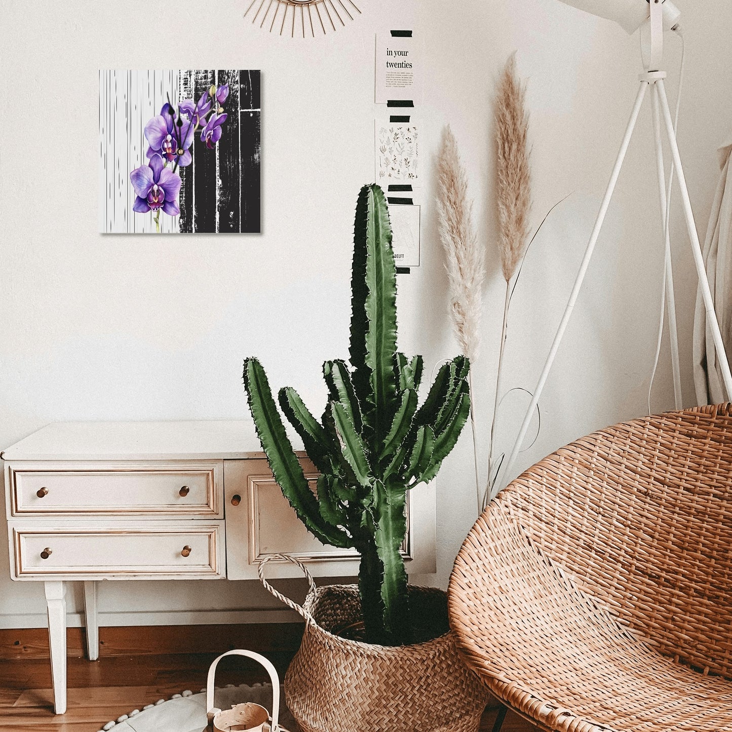 Square PVC Wall Clock – Violet Orchidea Design, No Scale, for Living Room & Office by popcustoms