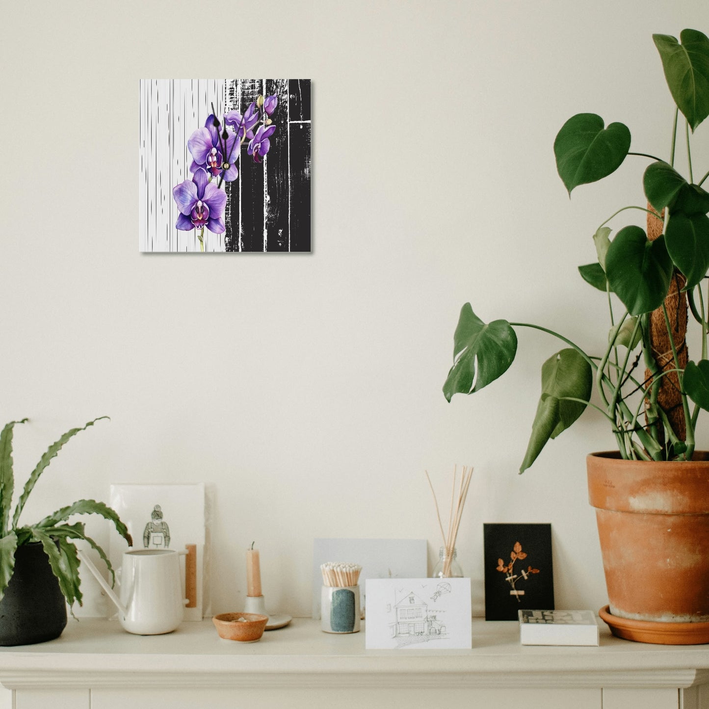 Square PVC Wall Clock – Violet Orchidea Design, No Scale, for Living Room & Office by popcustoms