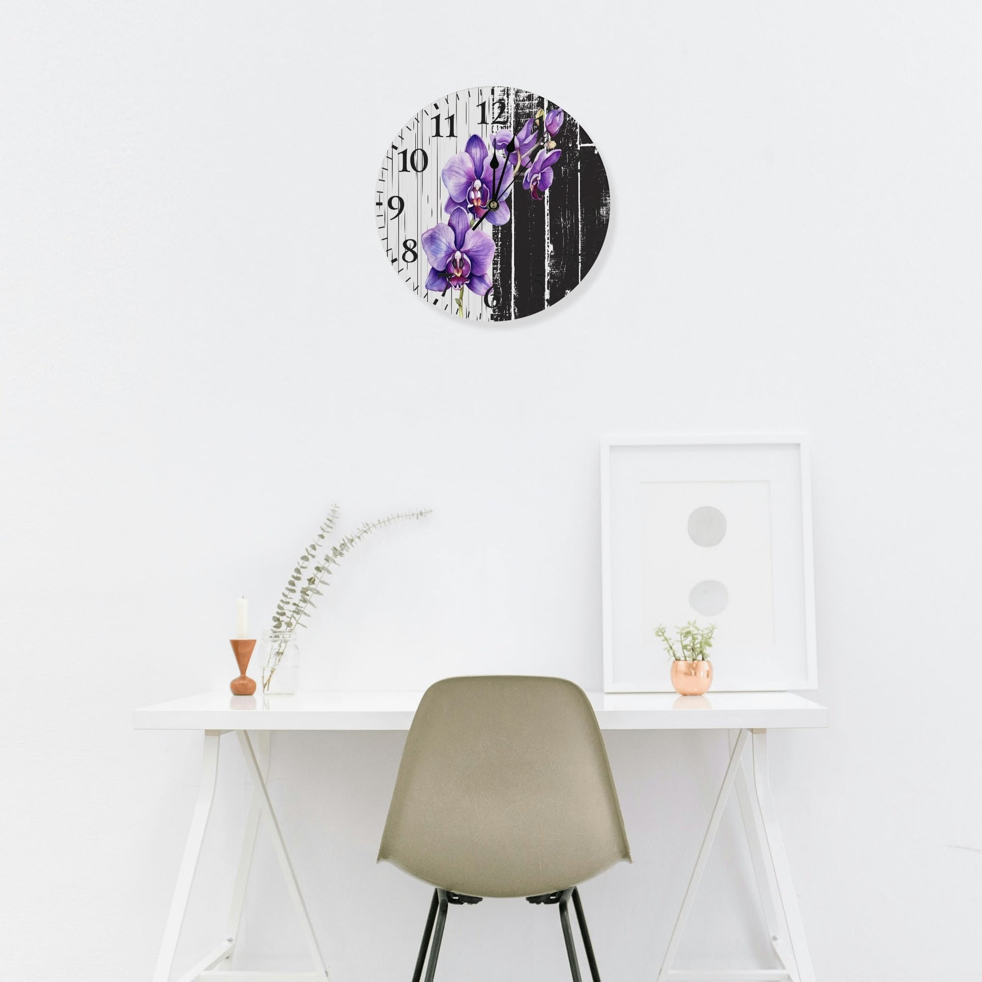 Frameless Round Wall Clock – Violet Orchidea Design for Kitchen, Bedroom & Living Room by popcustoms