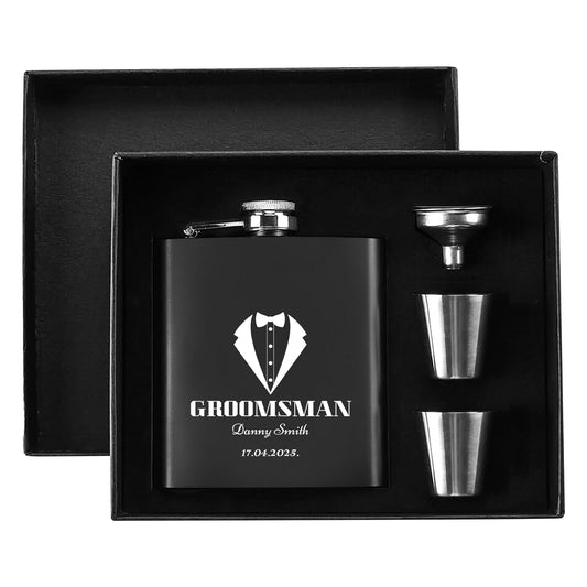 Personalized Groomsman Hip Flask Set – 7oz Black Stainless Steel with Gift Box & Custom Engraving by popcustoms