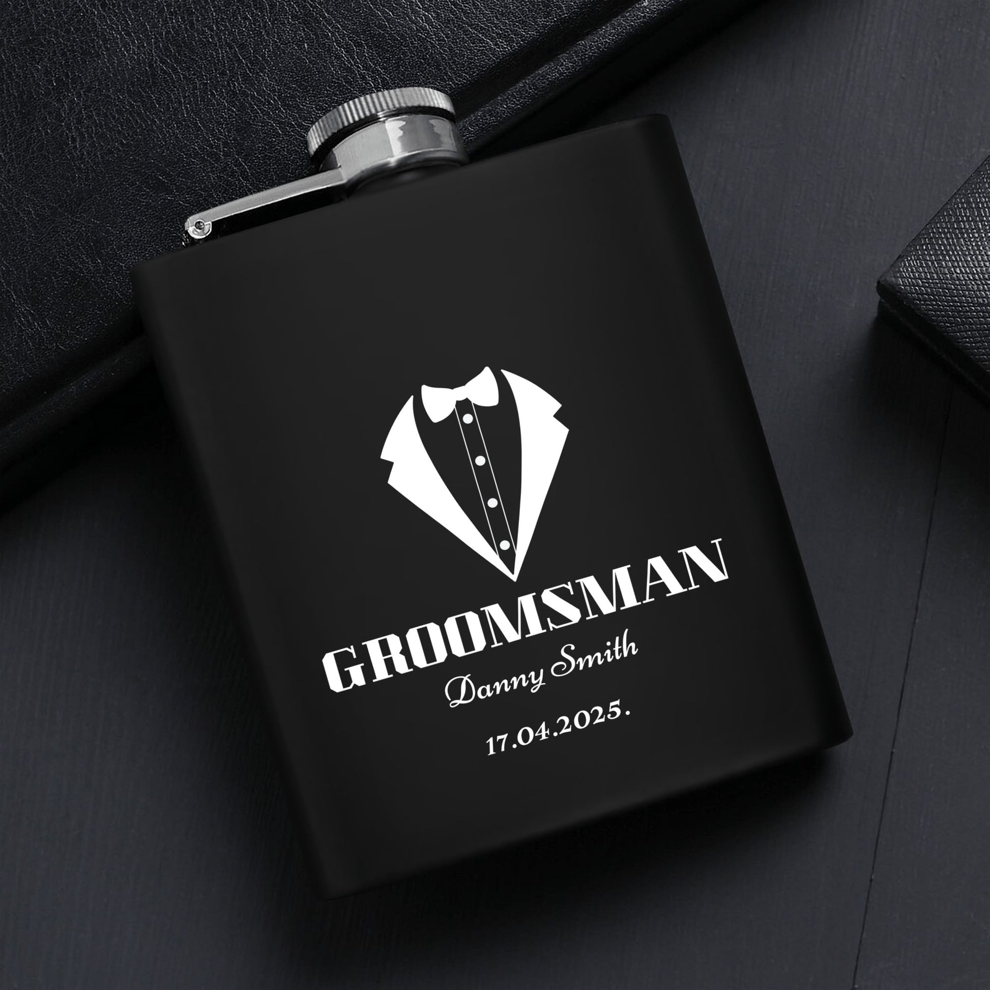Personalized Groomsman Hip Flask Set – 7oz Black Stainless Steel with Gift Box & Custom Engraving by popcustoms