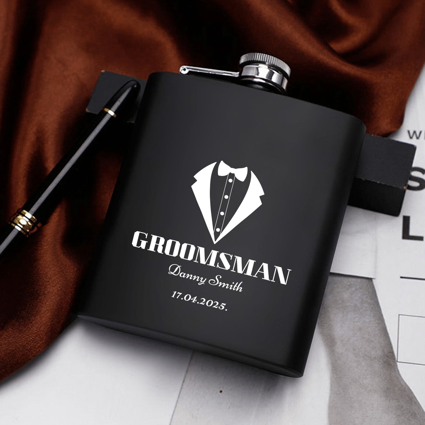 Personalized Groomsman Hip Flask Set – 7oz Black Stainless Steel with Gift Box & Custom Engraving by popcustoms