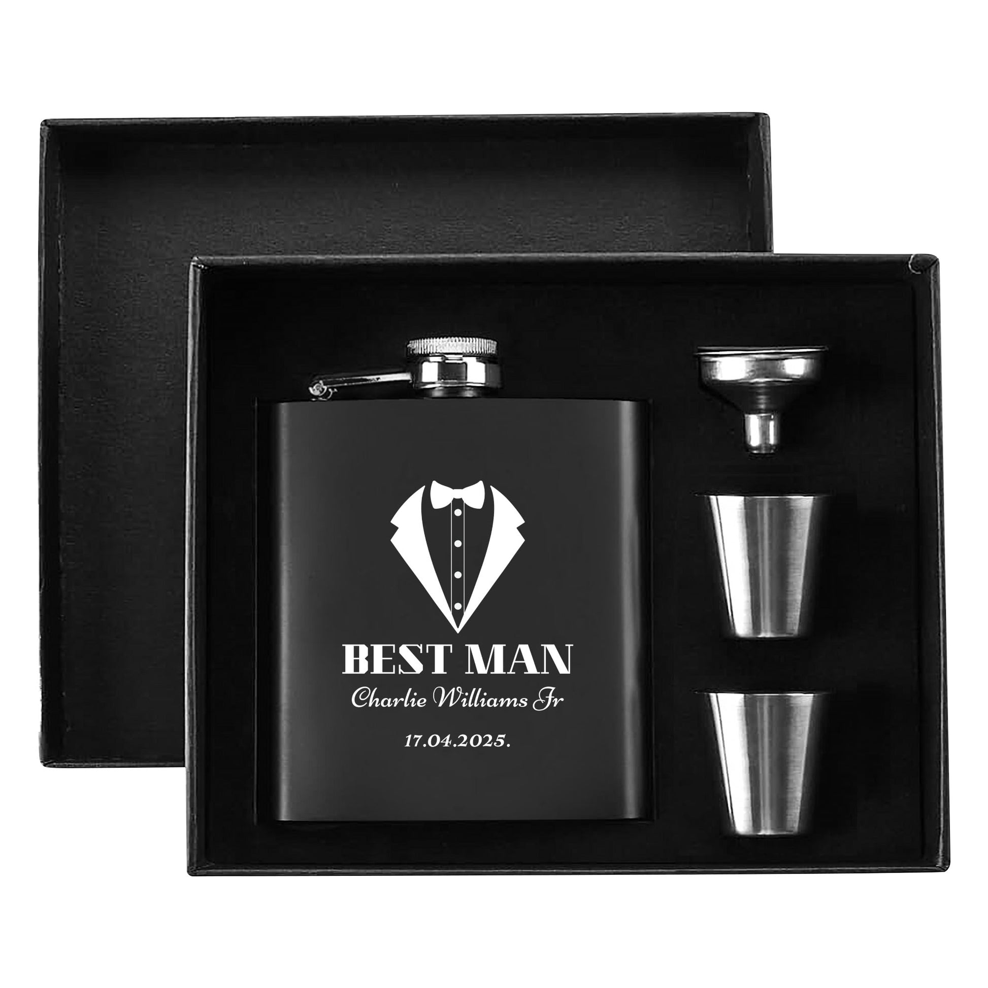Personalized Best Man Hip Flask Set 7oz Black Stainless Steel with A Gift Box by popcustoms