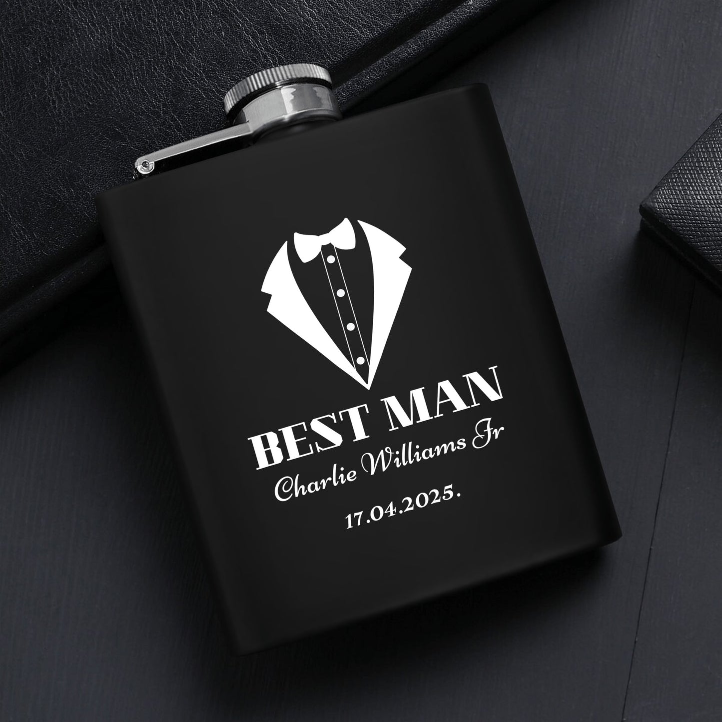 Personalized Best Man Hip Flask Set 7oz Black Stainless Steel with A Gift Box by popcustoms