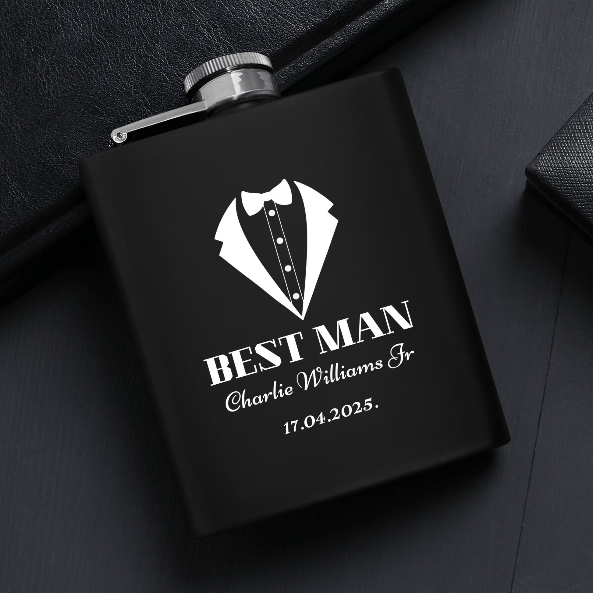 Personalized Best Man Hip Flask Set 7oz Black Stainless Steel with A Gift Box by popcustoms