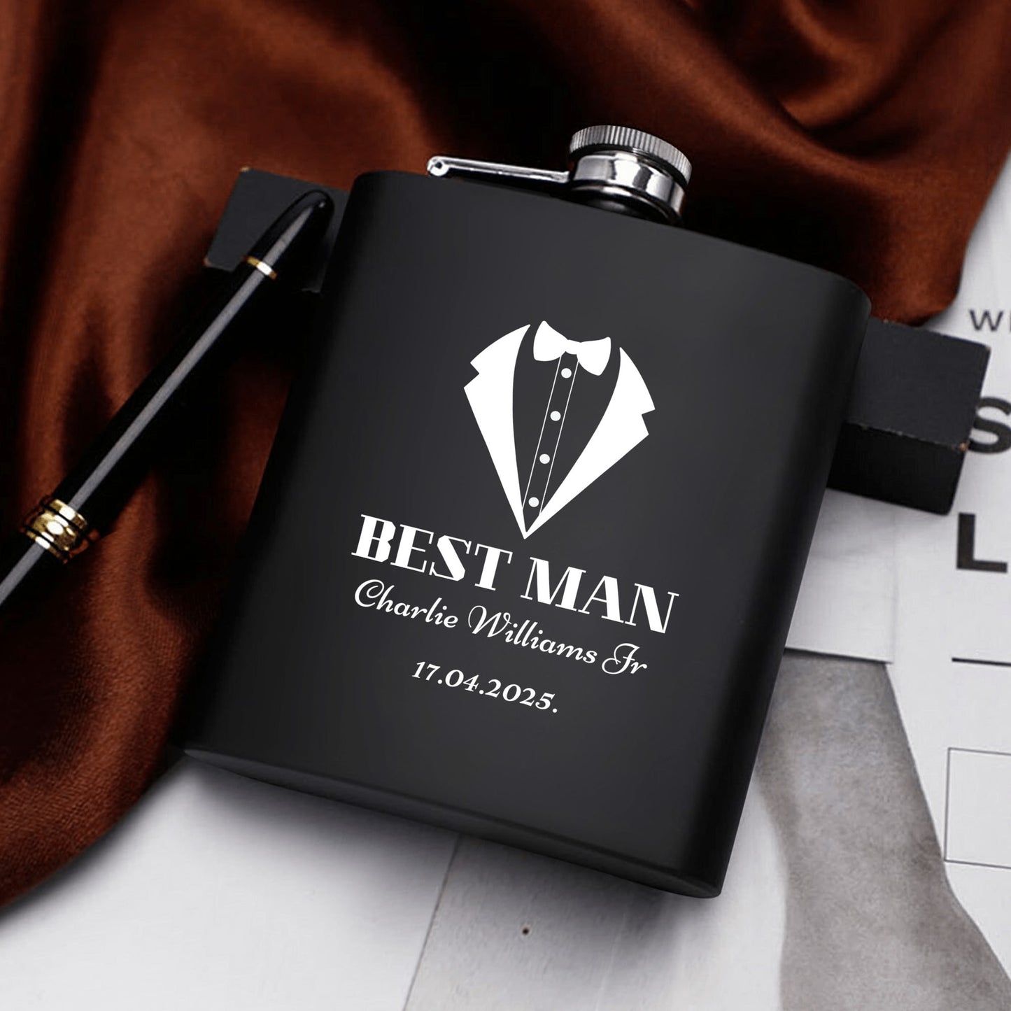 Personalized Best Man Hip Flask Set 7oz Black Stainless Steel with A Gift Box by popcustoms
