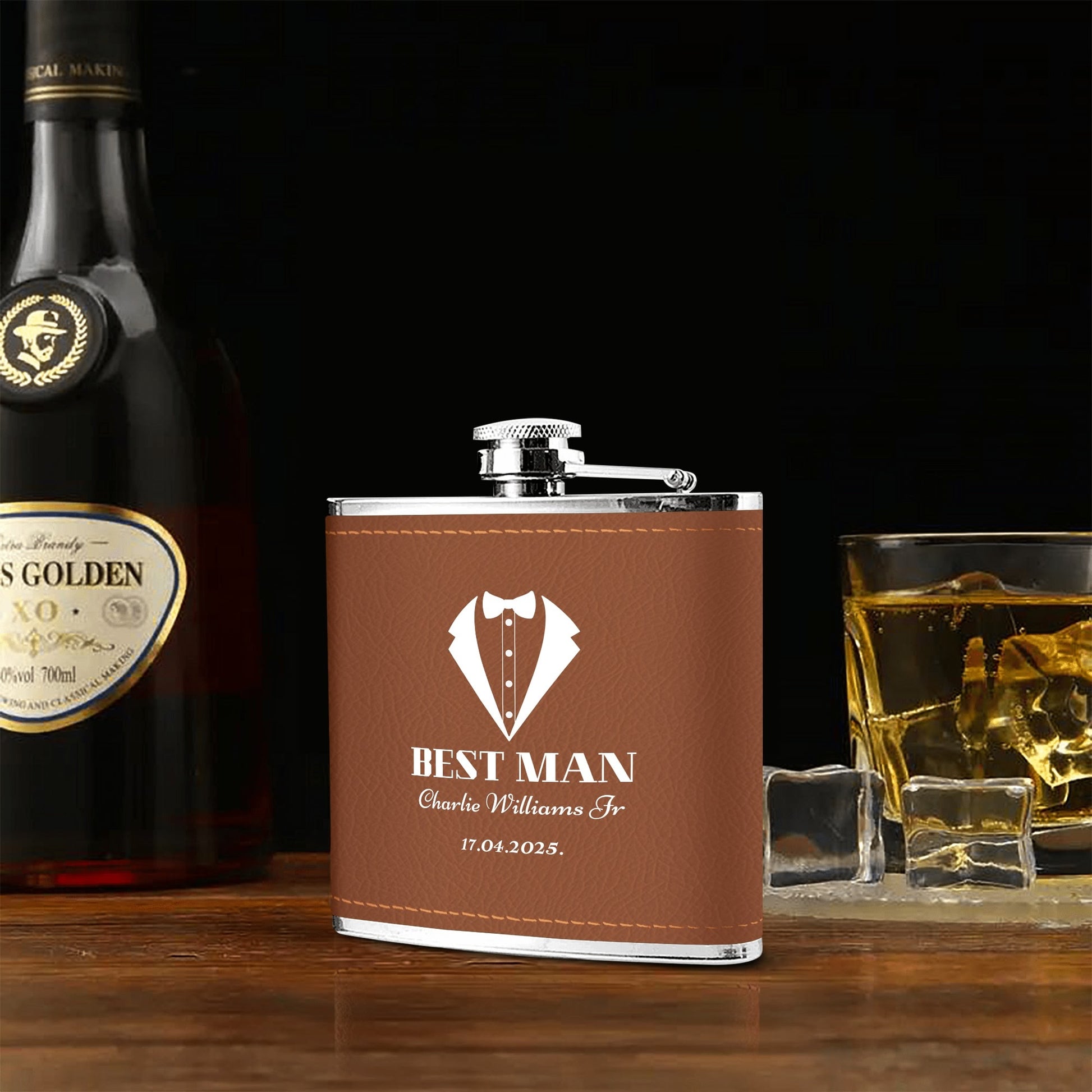 Personalized Best Man Flask – 6oz Brown Leather Wrapped Stainless Steel Hip Flask with Custom UV Printing by popcustoms