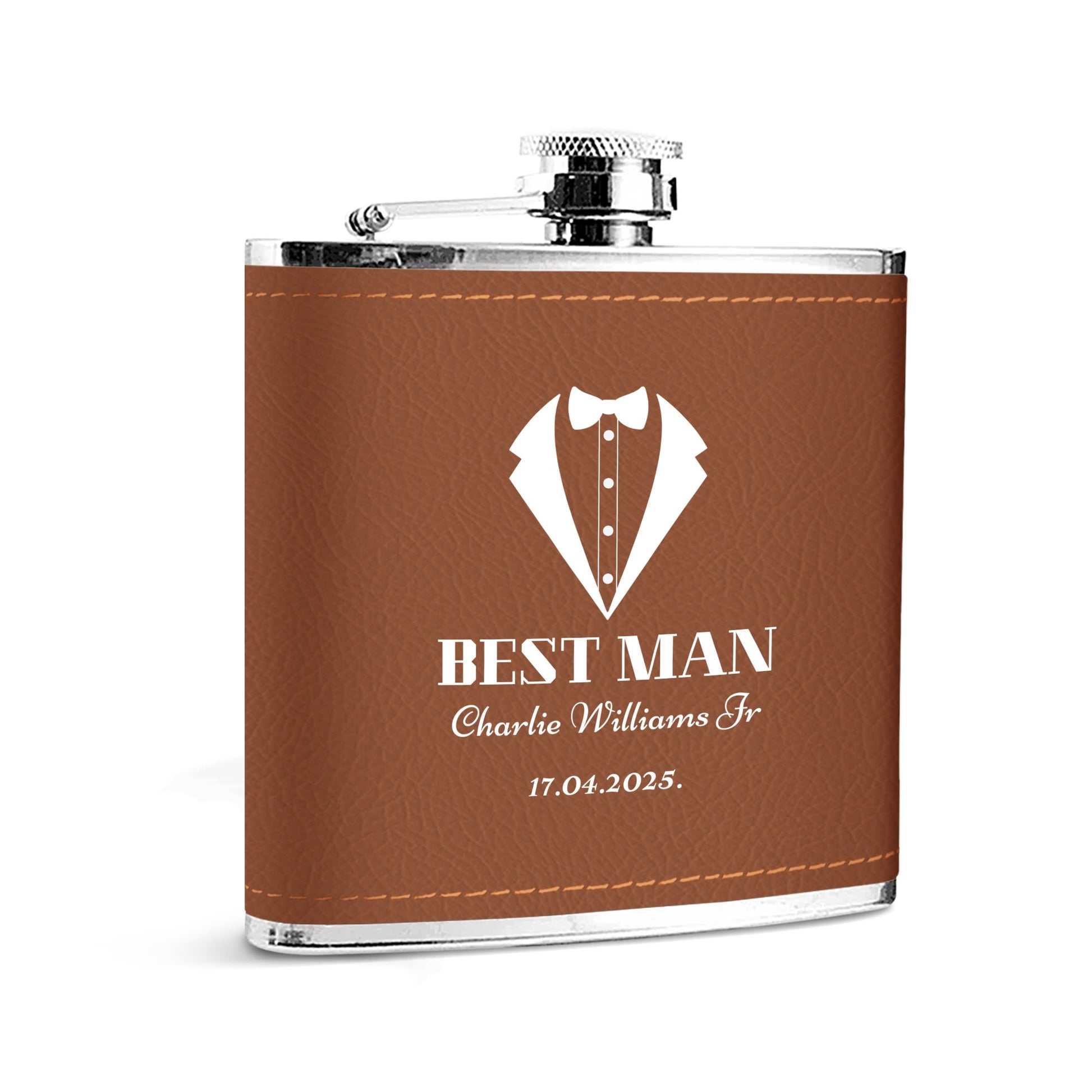 Personalized Best Man Flask – 6oz Brown Leather Wrapped Stainless Steel Hip Flask with Custom UV Printing by popcustoms