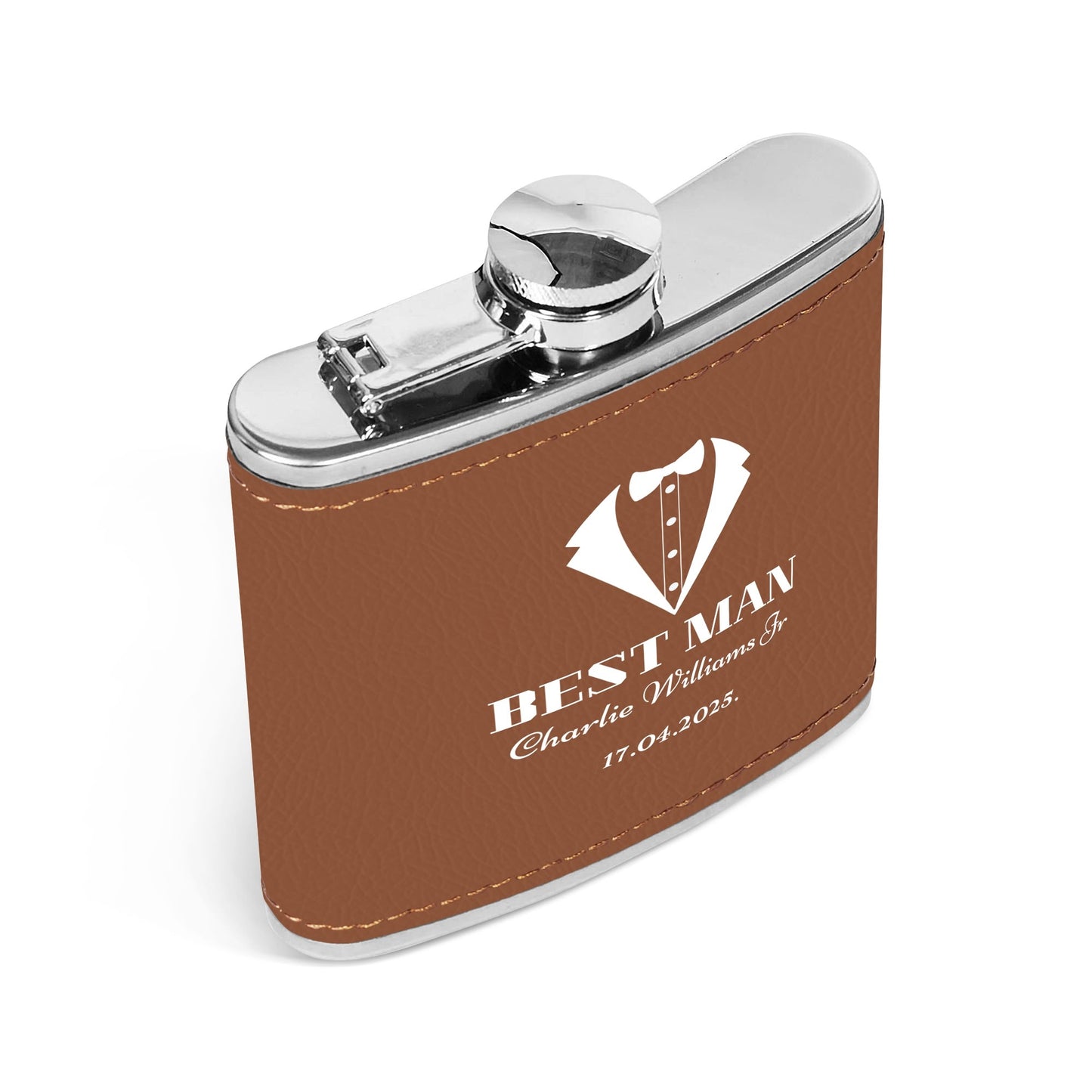 Personalized Best Man Flask – 6oz Brown Leather Wrapped Stainless Steel Hip Flask with Custom UV Printing by popcustoms