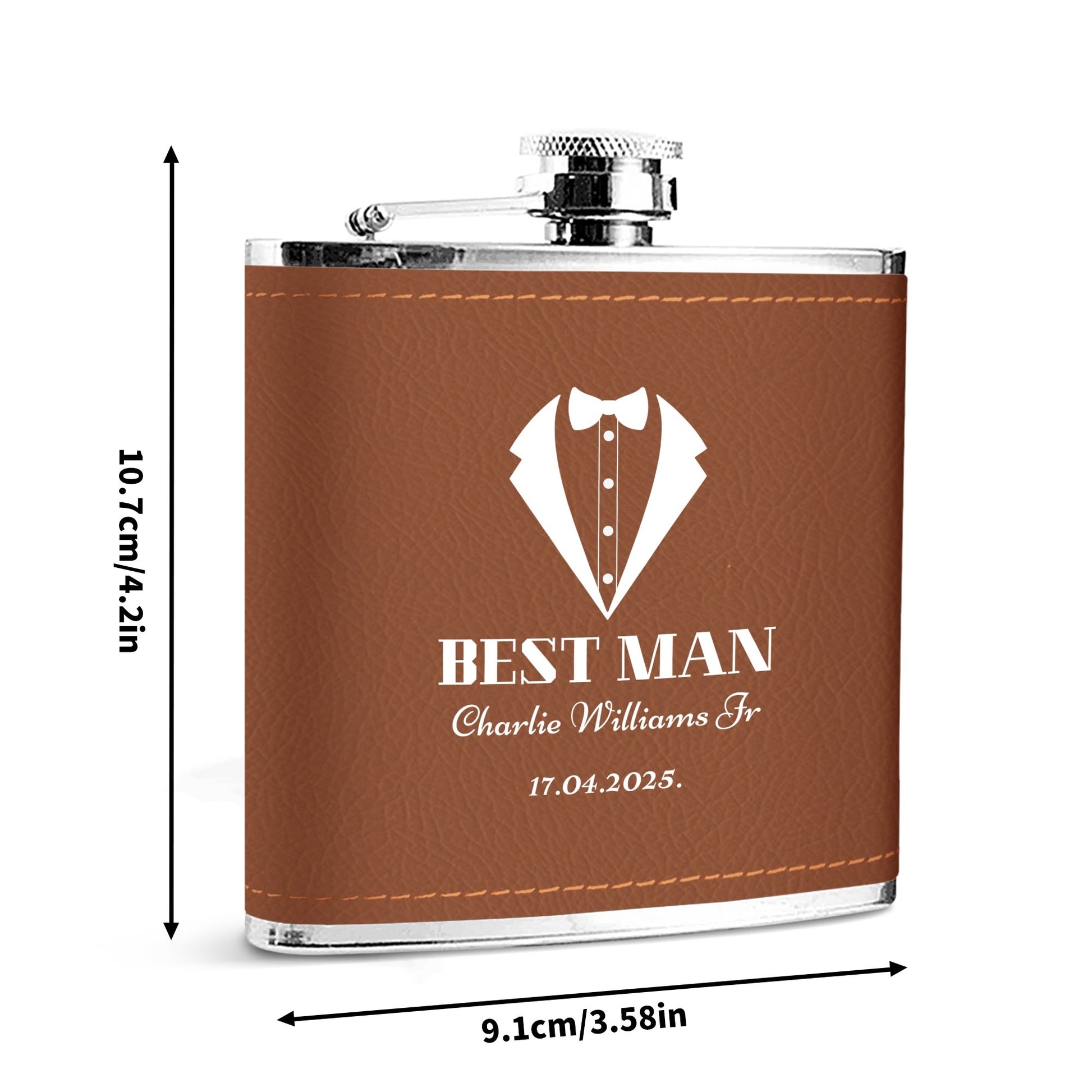Personalized Best Man Flask – 6oz Brown Leather Wrapped Stainless Steel Hip Flask with Custom UV Printing by popcustoms
