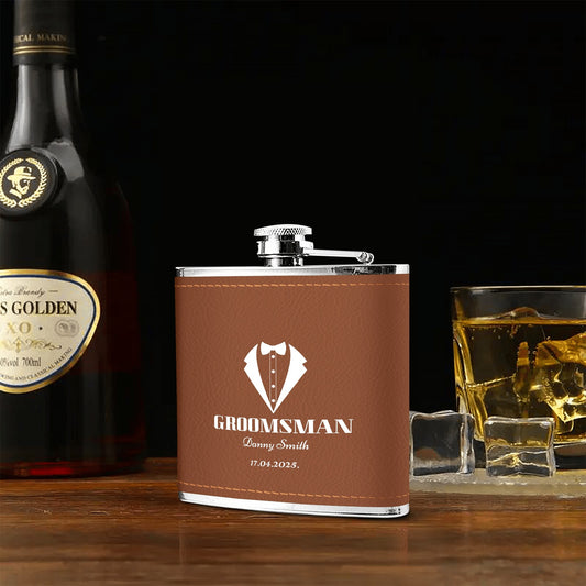Custom Brown Leather Wrapped 6oz Stainless Steel Flask – Personalized Groomsman Gift by popcustoms