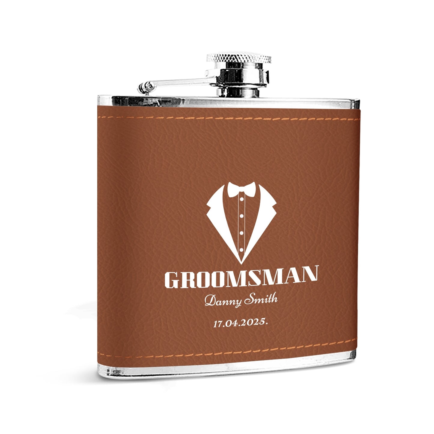 Custom Brown Leather Wrapped 6oz Stainless Steel Flask – Personalized Groomsman Gift by popcustoms