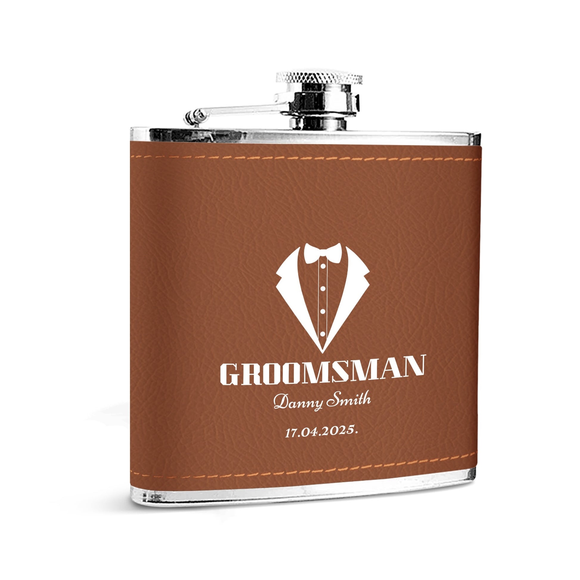 Custom Brown Leather Wrapped 6oz Stainless Steel Flask – Personalized Groomsman Gift by popcustoms