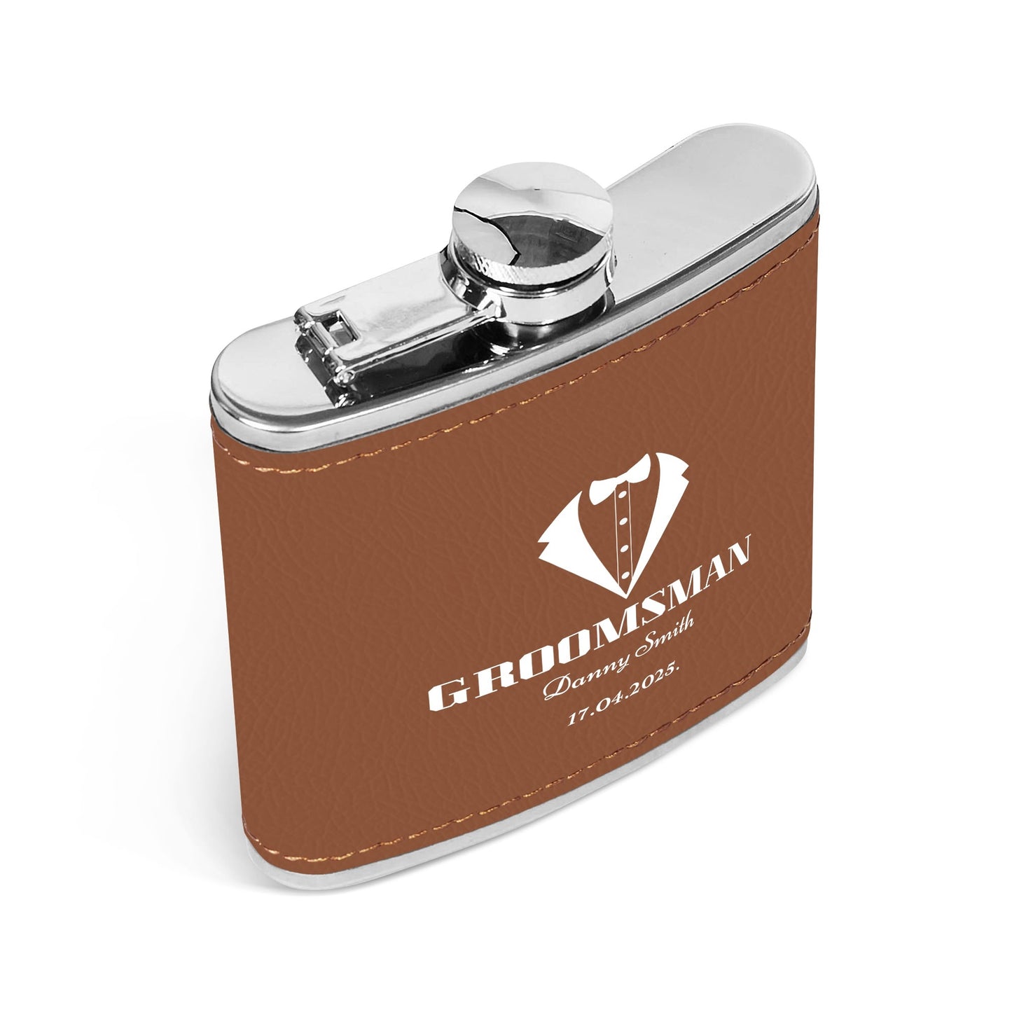 Custom Brown Leather Wrapped 6oz Stainless Steel Flask – Personalized Groomsman Gift by popcustoms