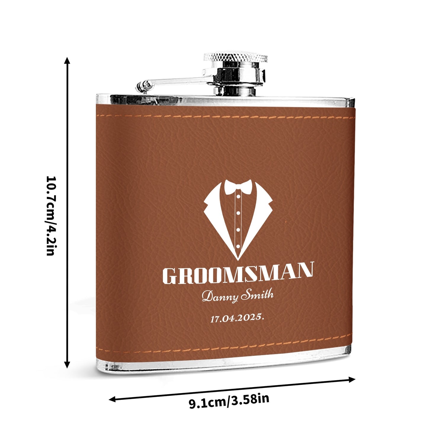Custom Brown Leather Wrapped 6oz Stainless Steel Flask – Personalized Groomsman Gift by popcustoms