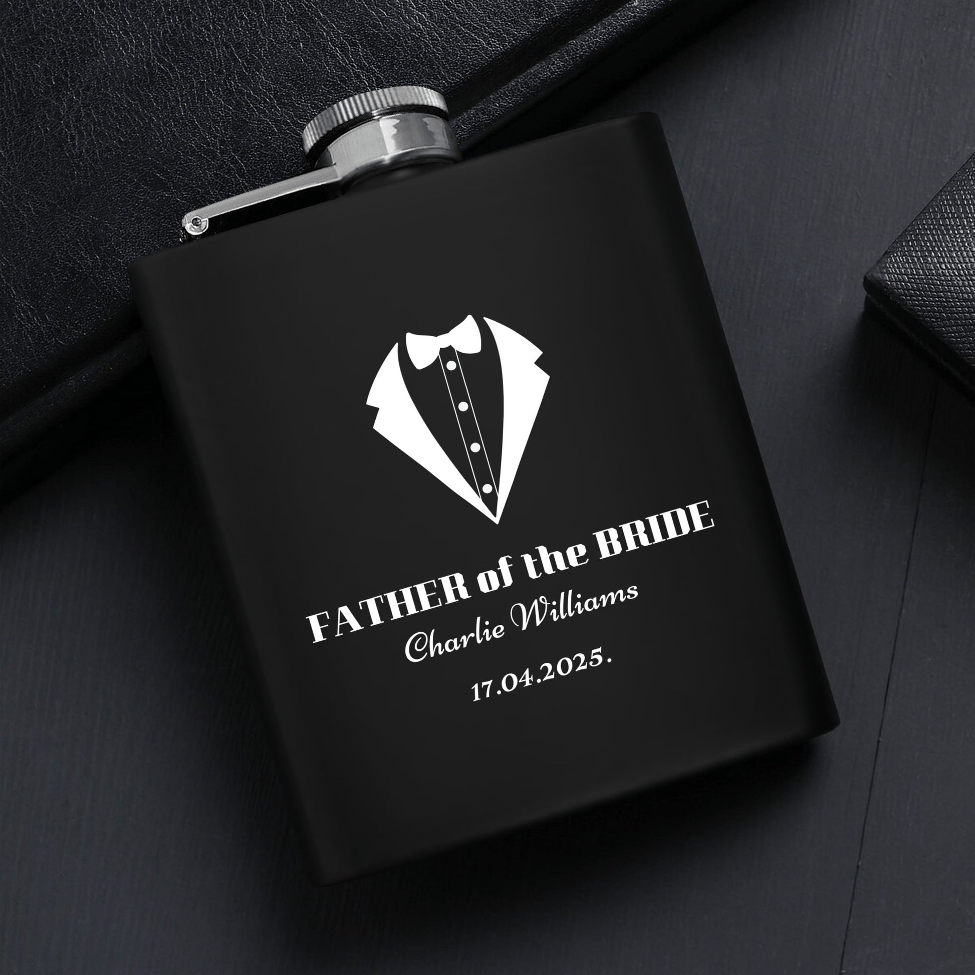 Personalized Father of the Bride Hip Flask Set – 7oz Black Stainless Steel with Gift Box & Engraving by popcustoms