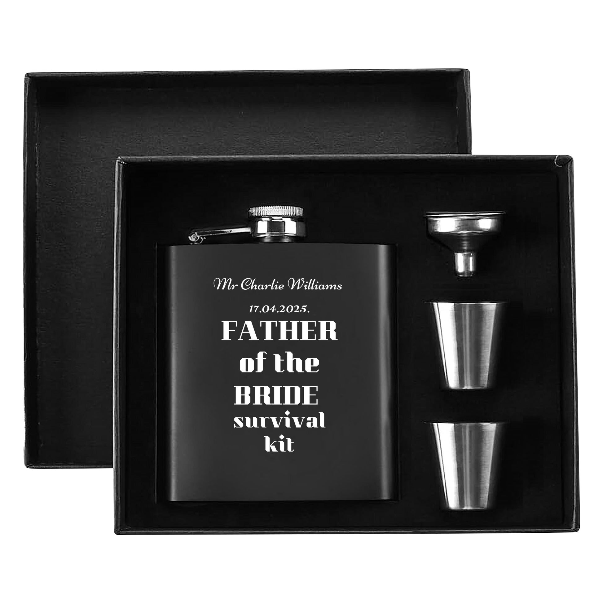 Father of the Bride Survival Kit – Personalized 7oz Black Stainless Steel Flask Set with Gift Box, Funnel & Cups by popcustoms