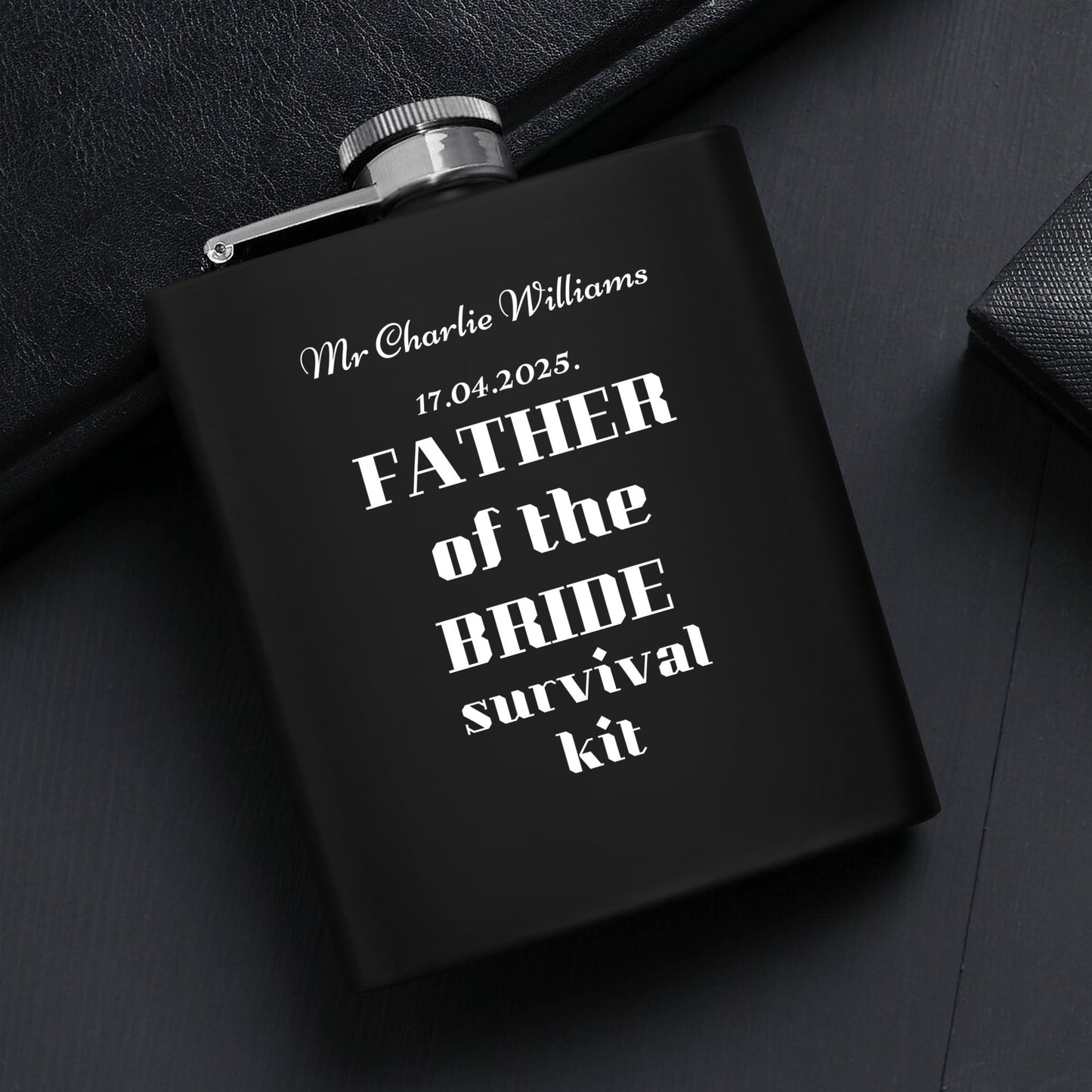 Father of the Bride Survival Kit – Personalized 7oz Black Stainless Steel Flask Set with Gift Box, Funnel & Cups by popcustoms