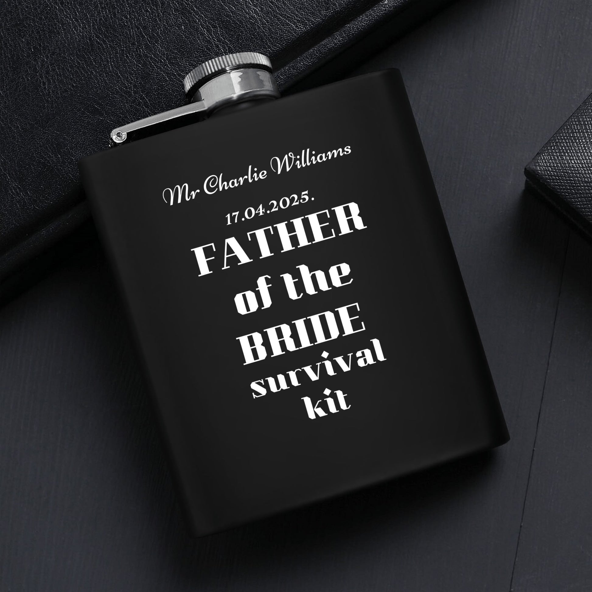 Father of the Bride Survival Kit – Personalized 7oz Black Stainless Steel Flask Set with Gift Box, Funnel & Cups by popcustoms