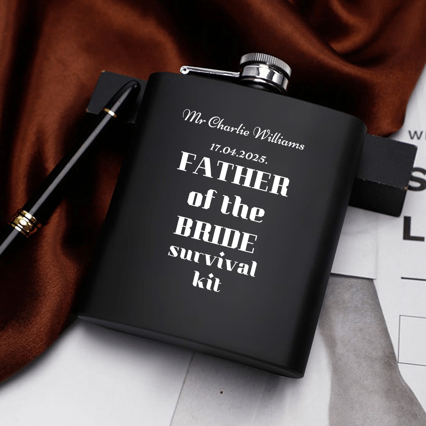 Father of the Bride Survival Kit – Personalized 7oz Black Stainless Steel Flask Set with Gift Box, Funnel & Cups by popcustoms