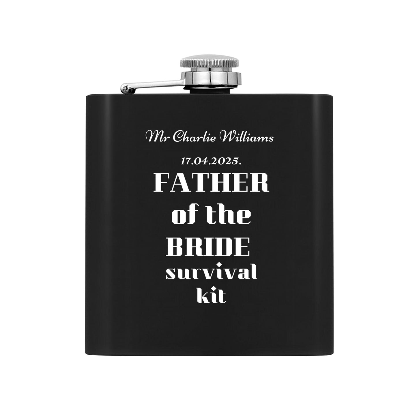 Father of the Bride Survival Kit – Personalized 7oz Black Stainless Steel Flask Set with Gift Box, Funnel & Cups by popcustoms