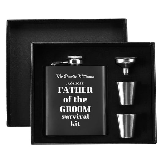 Father of the Groom Survival Kit – Personalized 7oz Black Hip Flask Gift Set with Funnel, Cups & Gift Box by popcustoms