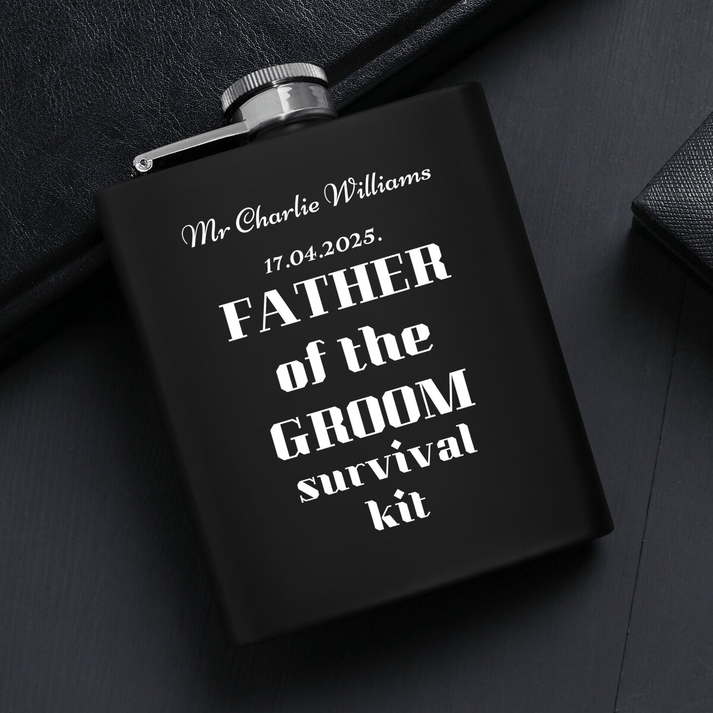 Father of the Groom Survival Kit – Personalized 7oz Black Hip Flask Gift Set with Funnel, Cups & Gift Box by popcustoms