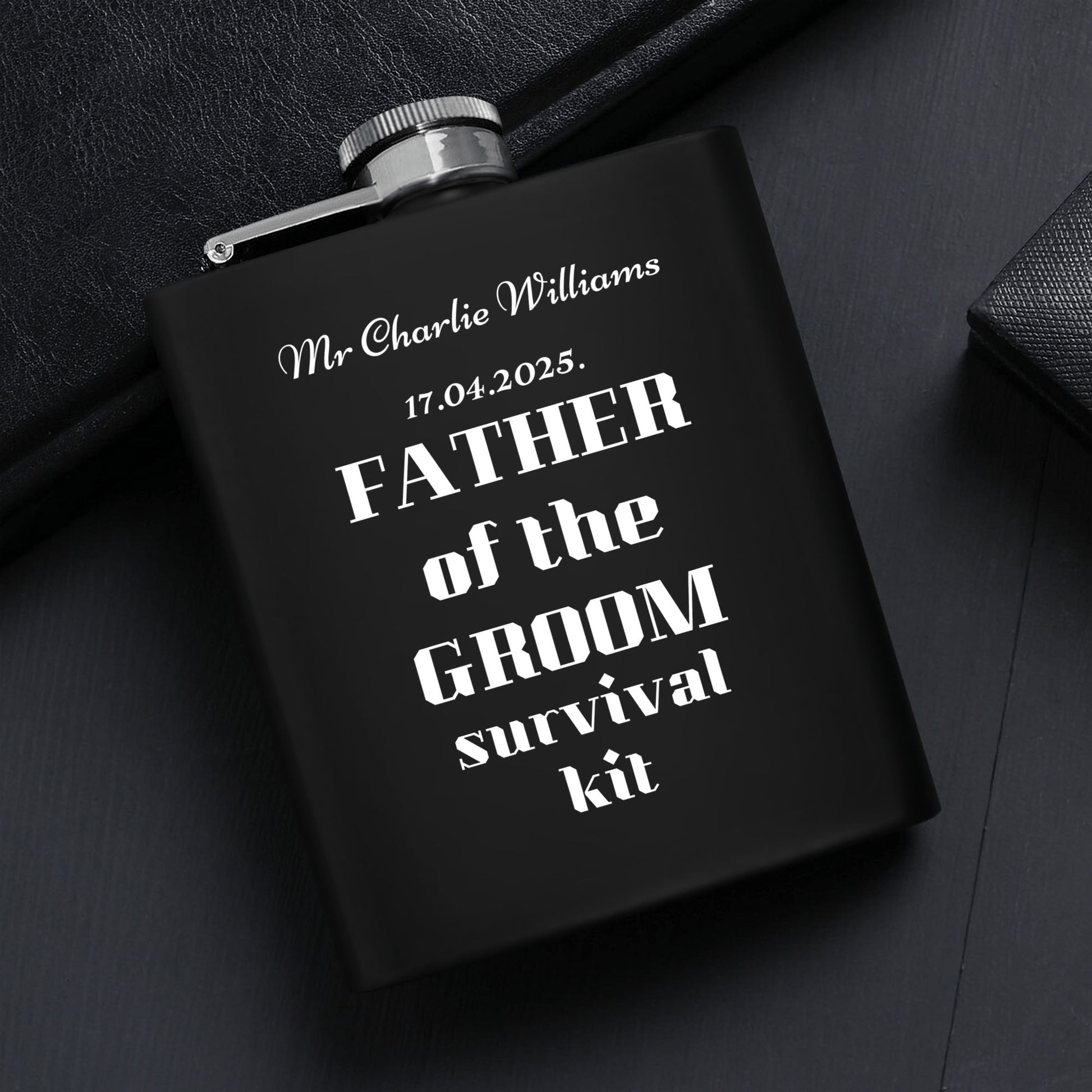 Father of the Groom Survival Kit – Personalized 7oz Black Hip Flask Gift Set with Funnel, Cups & Gift Box by popcustoms