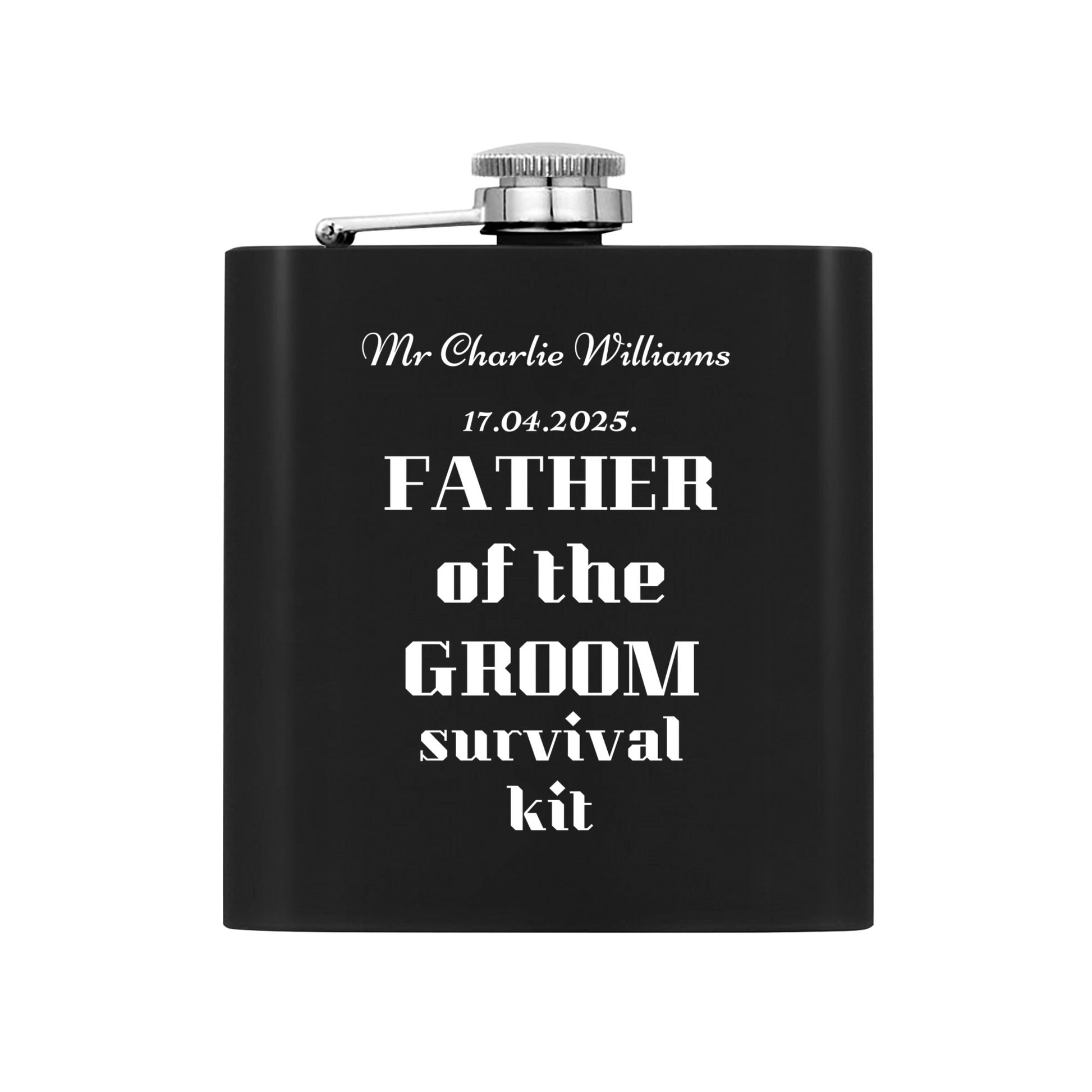 Father of the Groom Survival Kit – Personalized 7oz Black Hip Flask Gift Set with Funnel, Cups & Gift Box by popcustoms