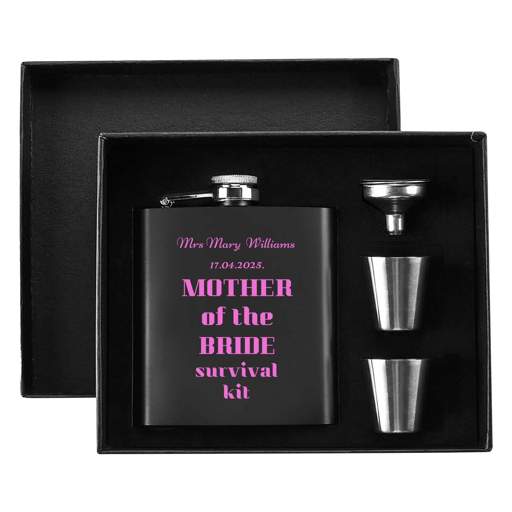 Personalized Mother of the Bride survival kit Hip Flask Set – 7oz Black Stainless Steel with Gift Box & Custom Engraving by popcustoms
