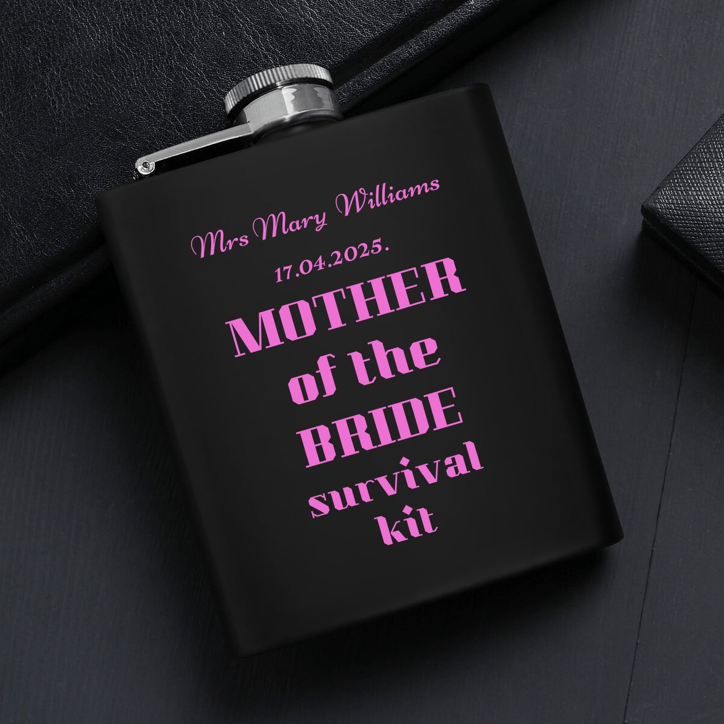Personalized Mother of the Bride survival kit Hip Flask Set – 7oz Black Stainless Steel with Gift Box & Custom Engraving by popcustoms