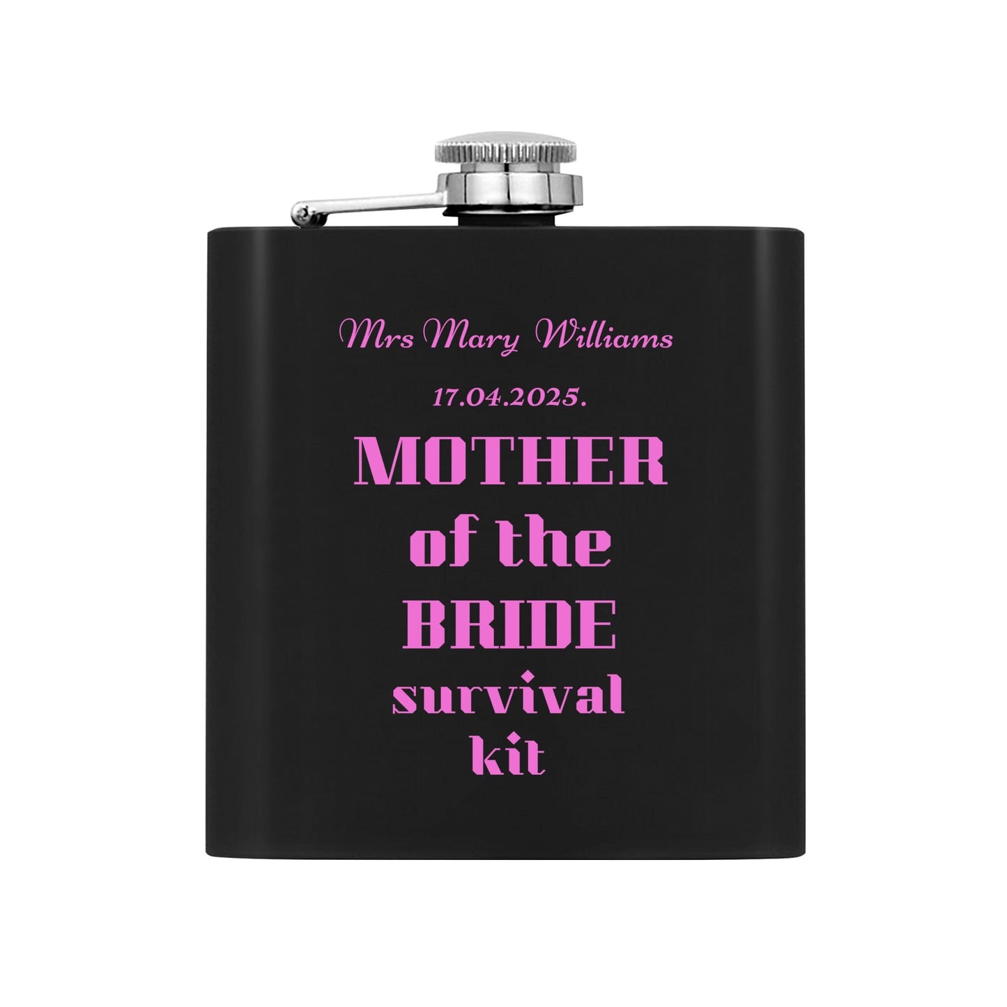 Personalized Mother of the Bride survival kit Hip Flask Set – 7oz Black Stainless Steel with Gift Box & Custom Engraving by popcustoms