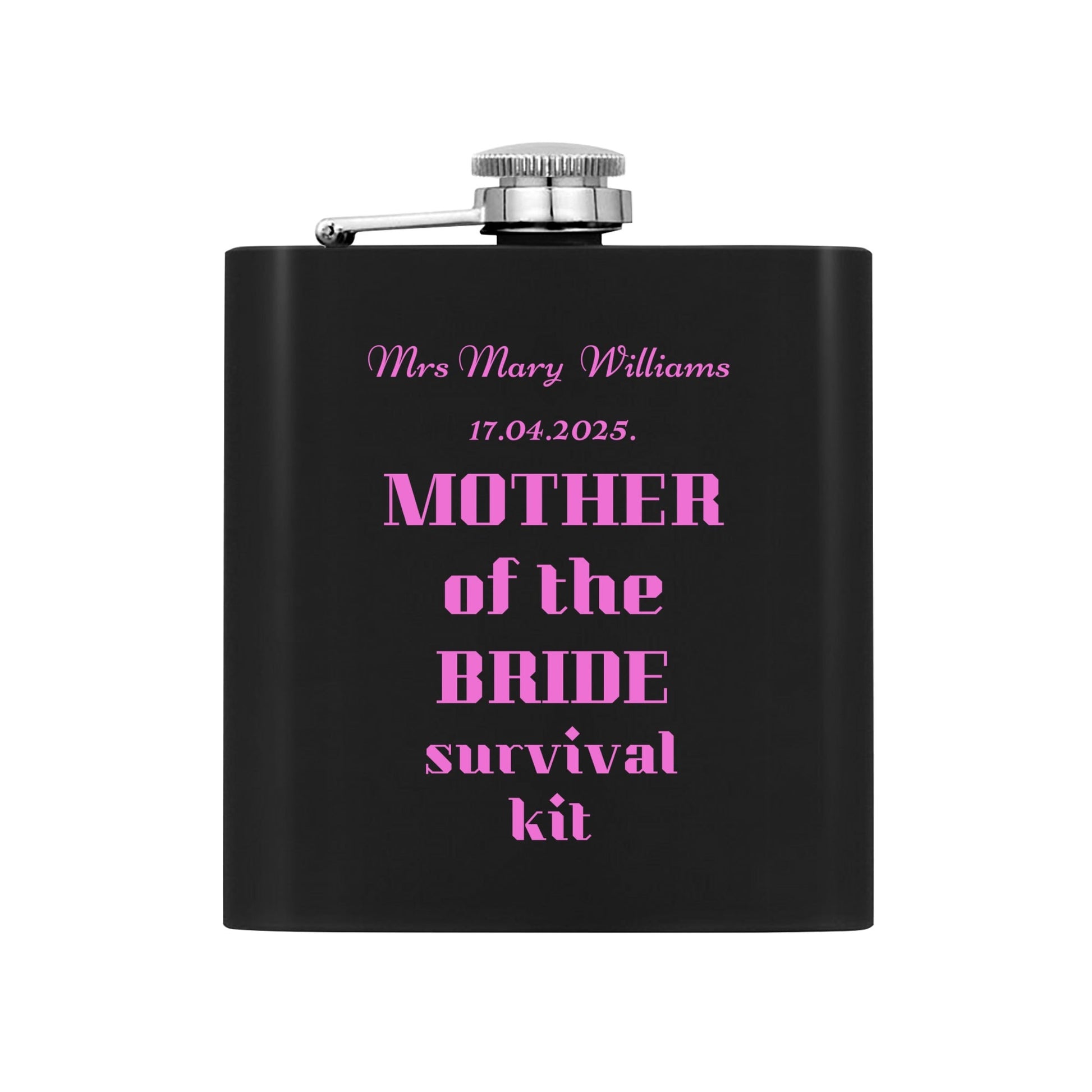 Personalized Mother of the Bride survival kit Hip Flask Set – 7oz Black Stainless Steel with Gift Box & Custom Engraving by popcustoms