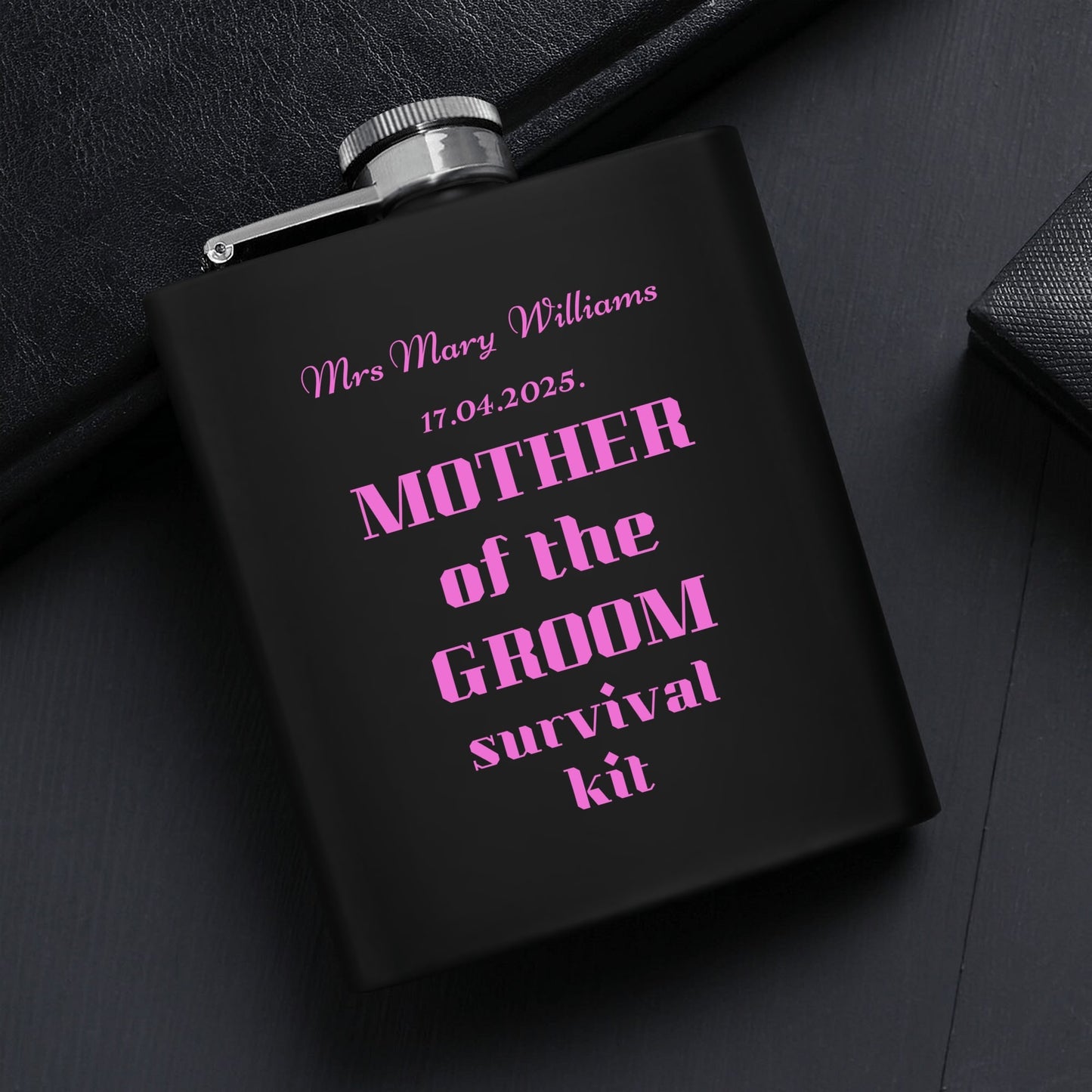 Personalized Mother of the Groom survival kit Hip Flask Set – 7oz Black Stainless Steel with Gift Box & Custom Engraving by popcustoms