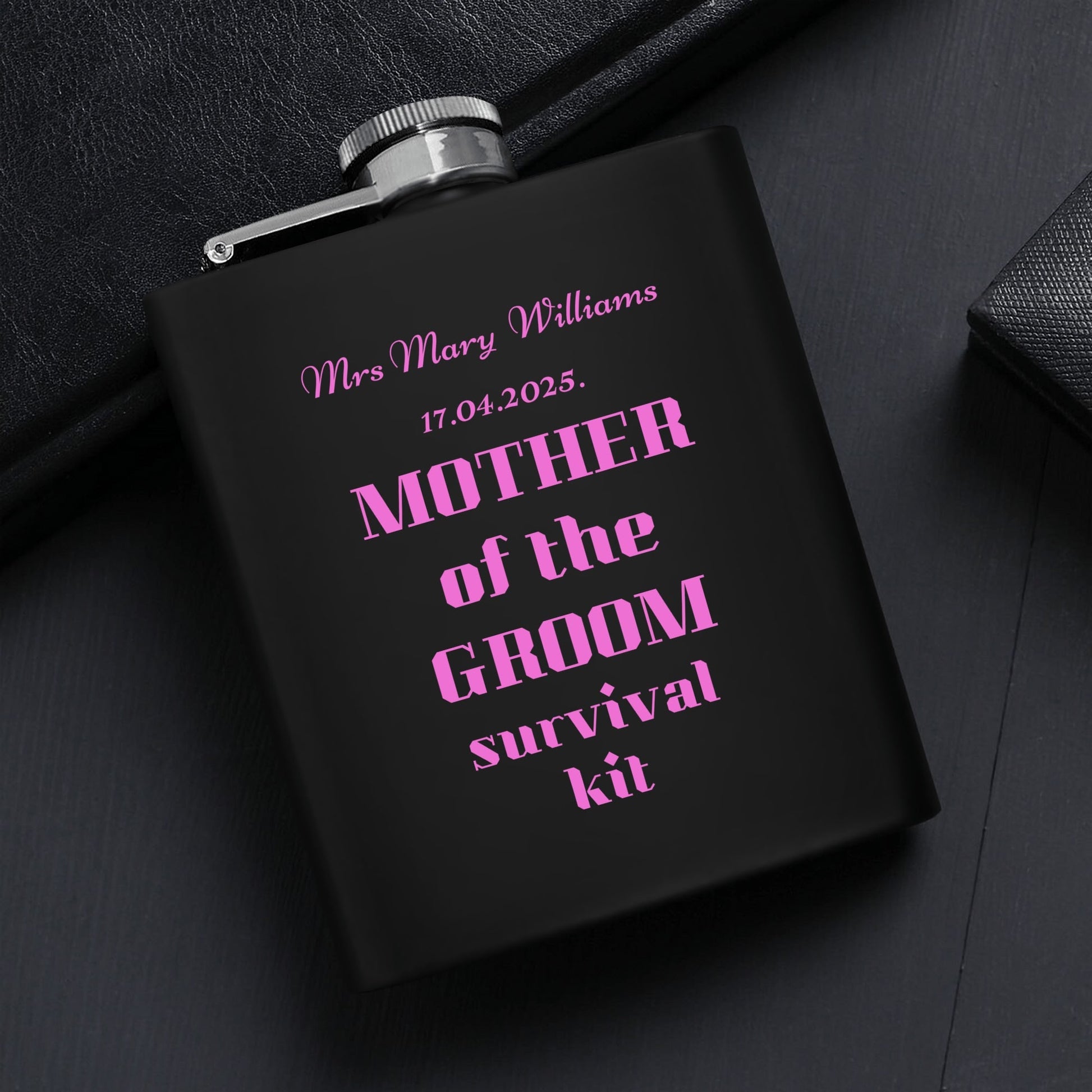 Personalized Mother of the Groom survival kit Hip Flask Set – 7oz Black Stainless Steel with Gift Box & Custom Engraving by popcustoms