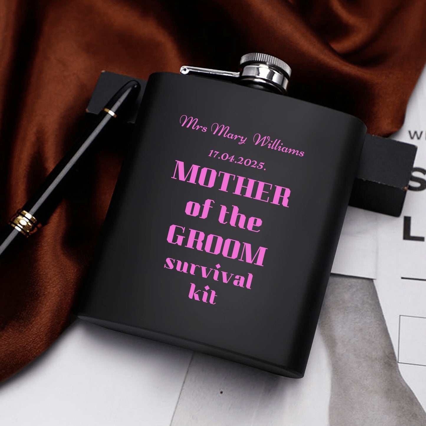 Personalized Mother of the Groom survival kit Hip Flask Set – 7oz Black Stainless Steel with Gift Box & Custom Engraving by popcustoms