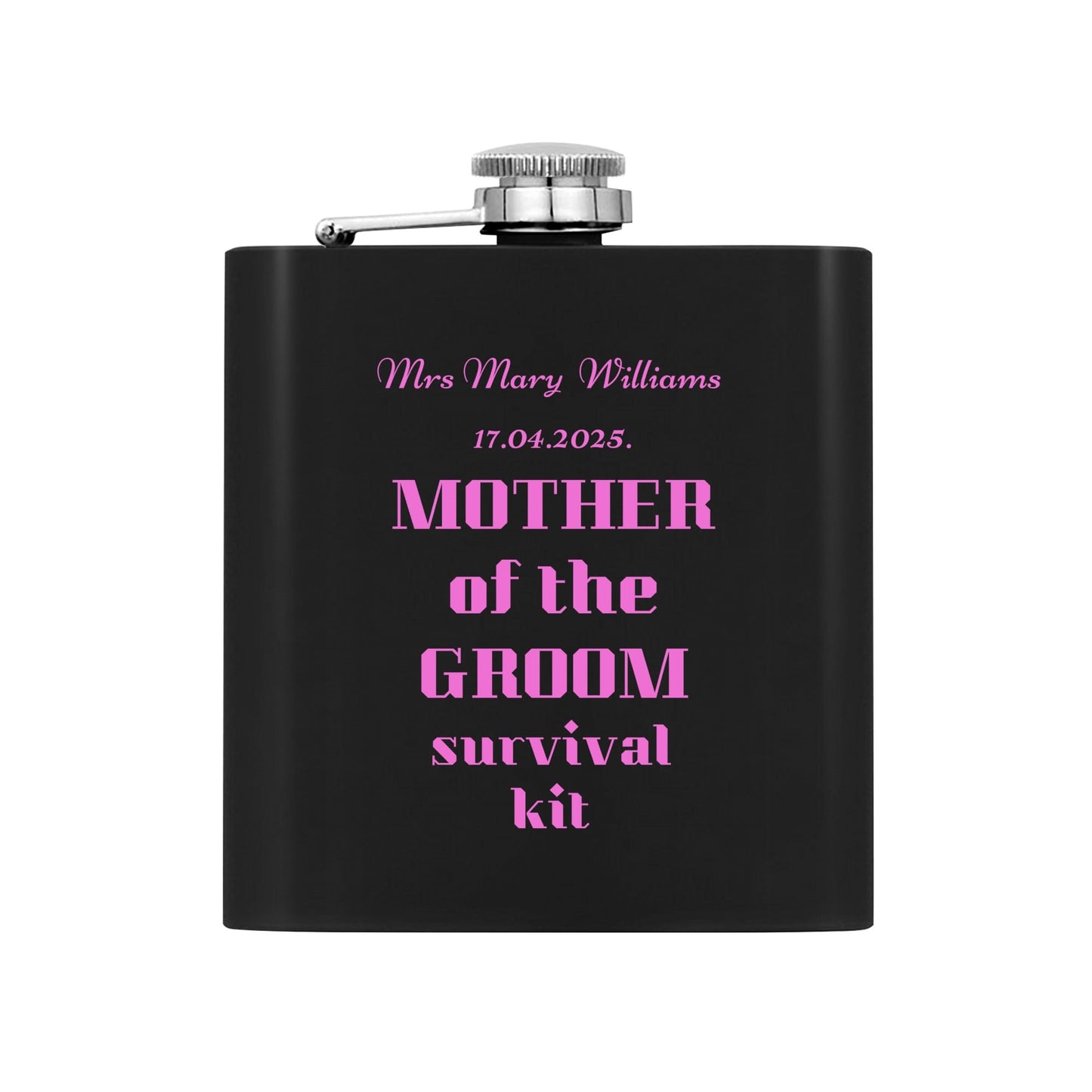 Personalized Mother of the Groom survival kit Hip Flask Set – 7oz Black Stainless Steel with Gift Box & Custom Engraving by popcustoms