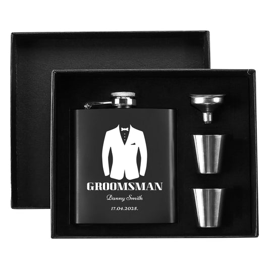 Personalized Groomsman Hip Flask Set – 7oz Black Stainless Steel with Gift Box & Custom Engraving by popcustoms