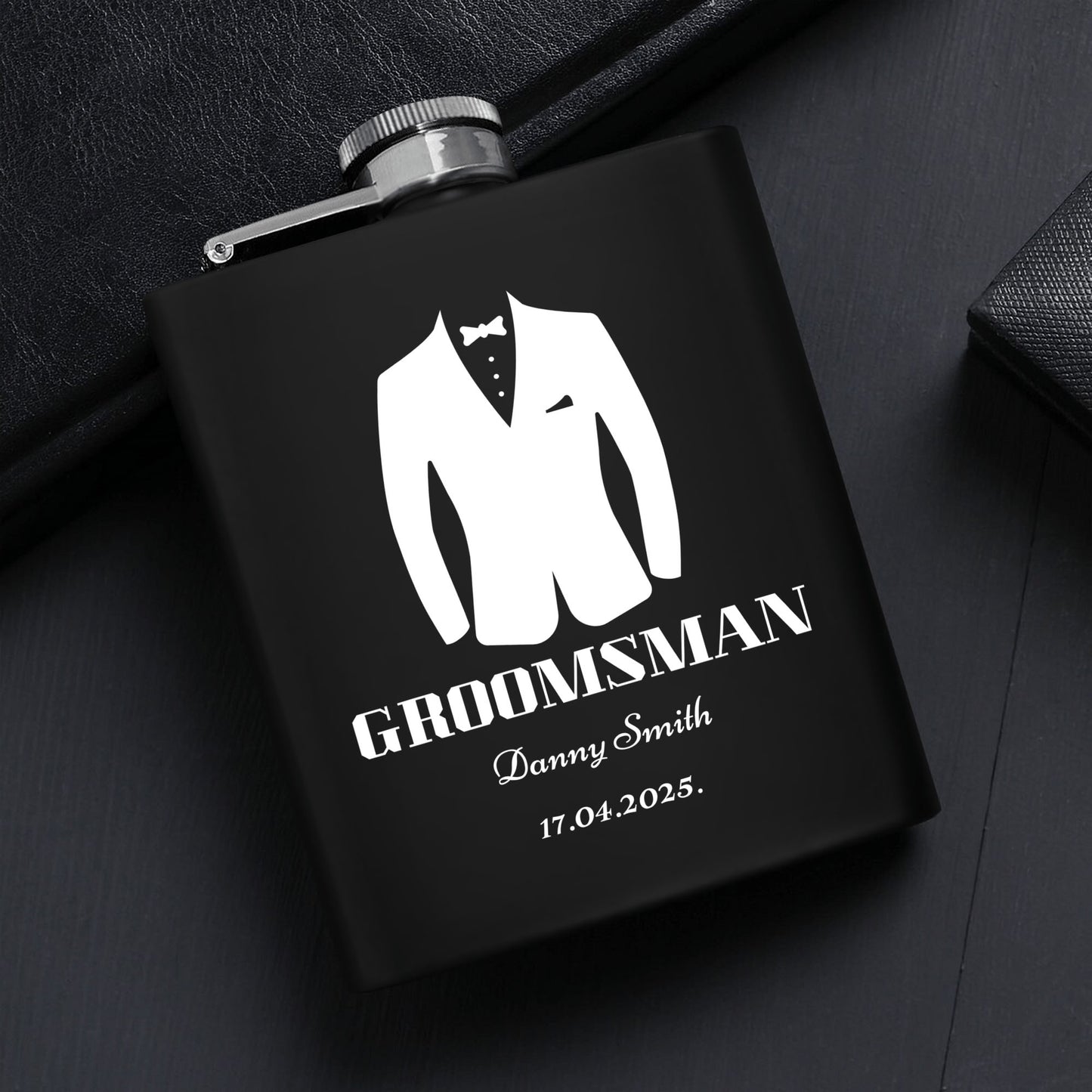 Personalized Groomsman Hip Flask Set – 7oz Black Stainless Steel with Gift Box & Custom Engraving by popcustoms