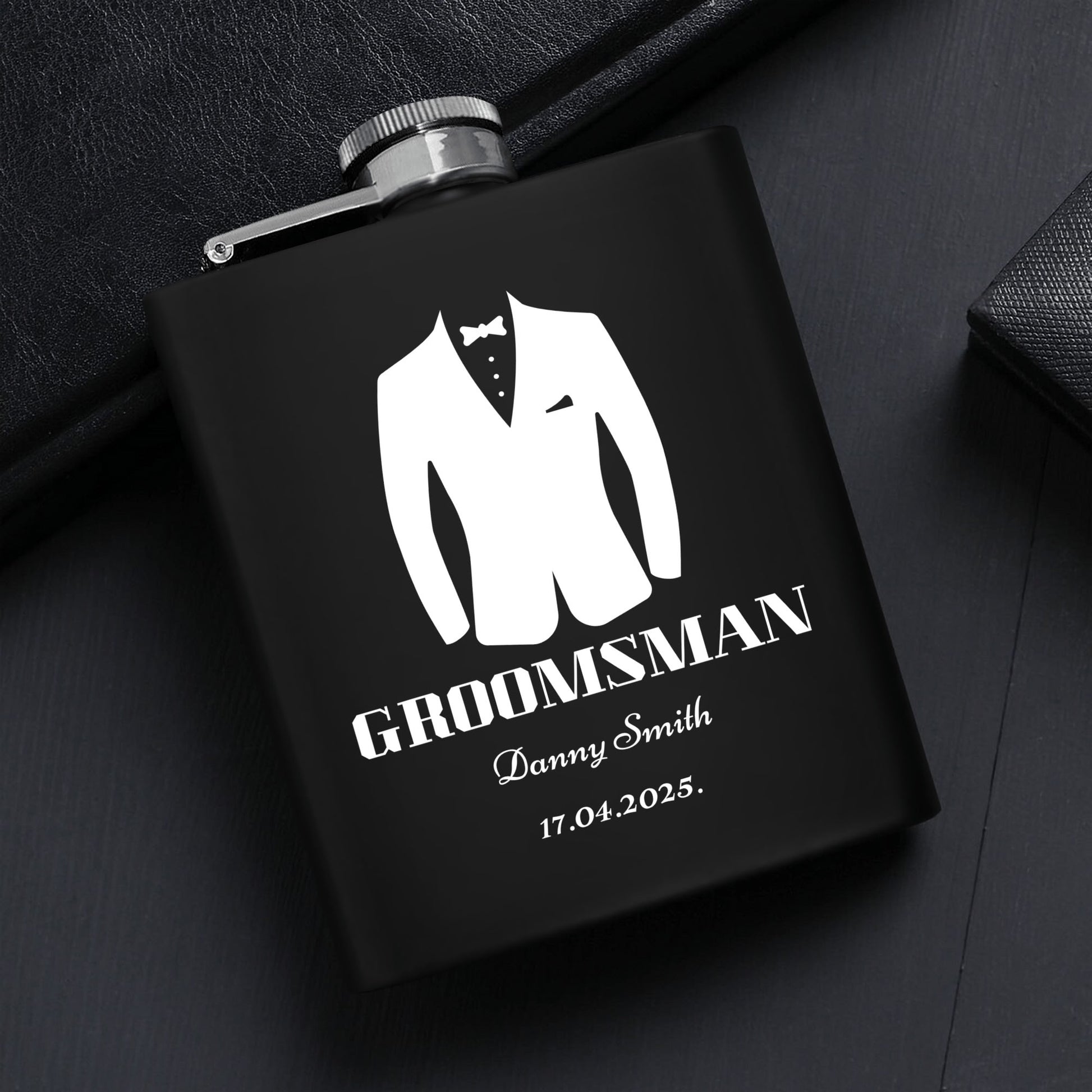 Personalized Groomsman Hip Flask Set – 7oz Black Stainless Steel with Gift Box & Custom Engraving by popcustoms